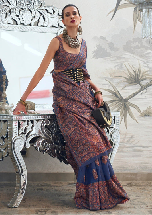 Kashmiri bride in blue kashmiri handloom silk saree blouse.