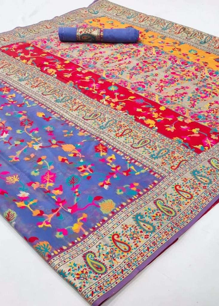 Kashmiri jamawar silk lavender purple handloom bridal saree online shopping for wedding featuring booti border.