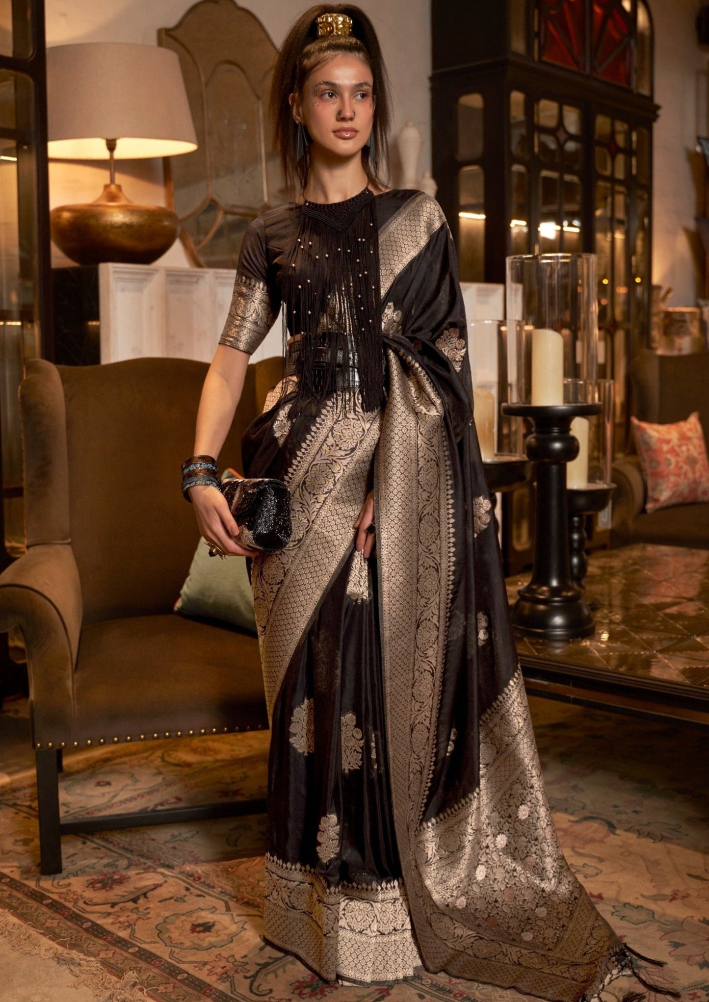 Black khaddi georgette banarasi saree blouse online price in usa with silver zari work.