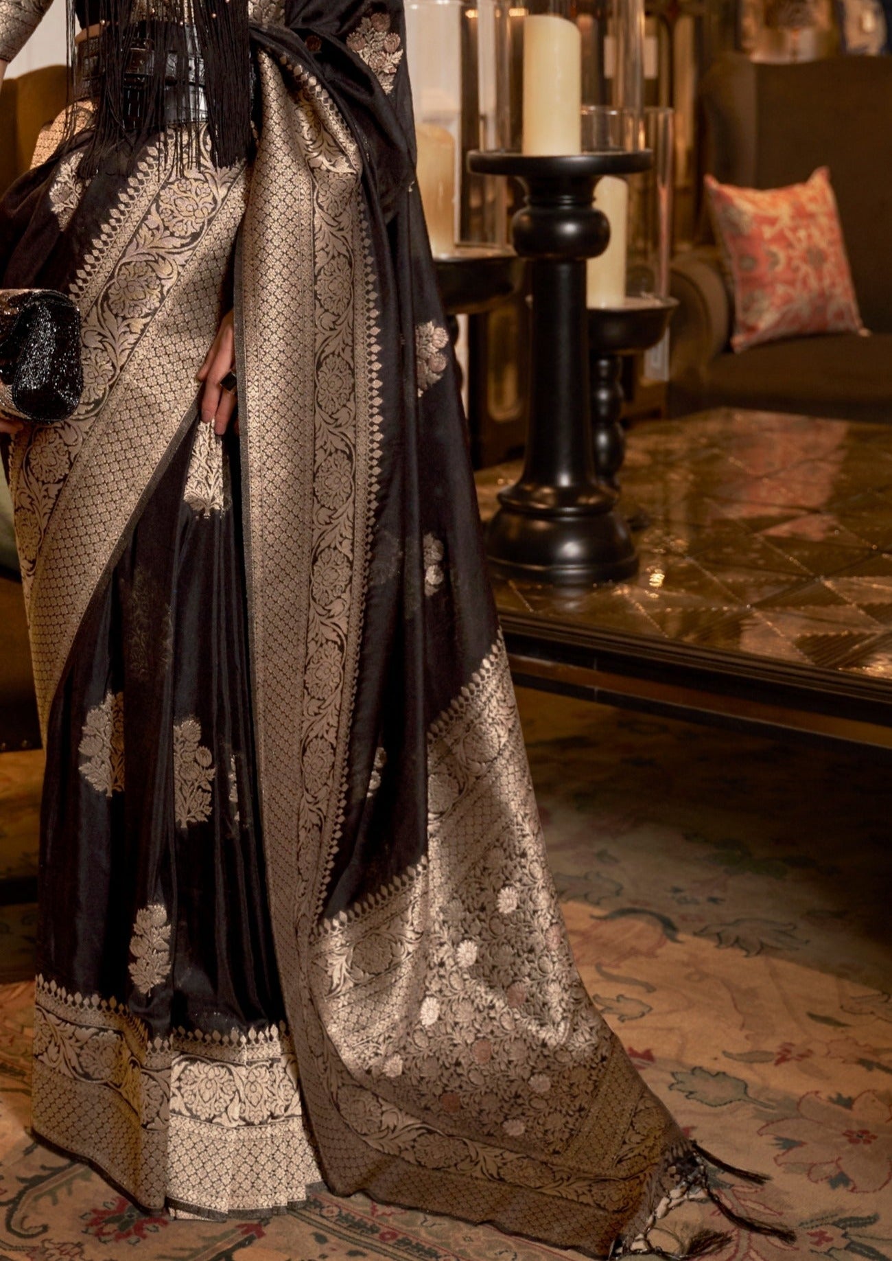 Black khaddi georgette banarasi saree designs online price india usa with silver zari work.