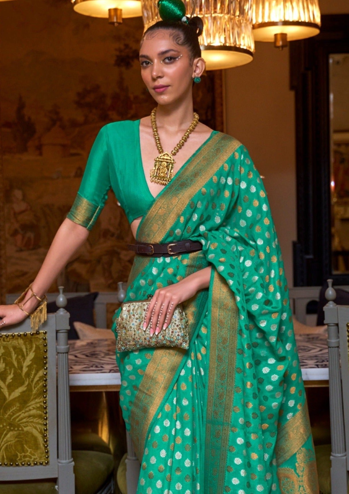 Green khaddi georgette banarasi saree blouse design online usa uk.