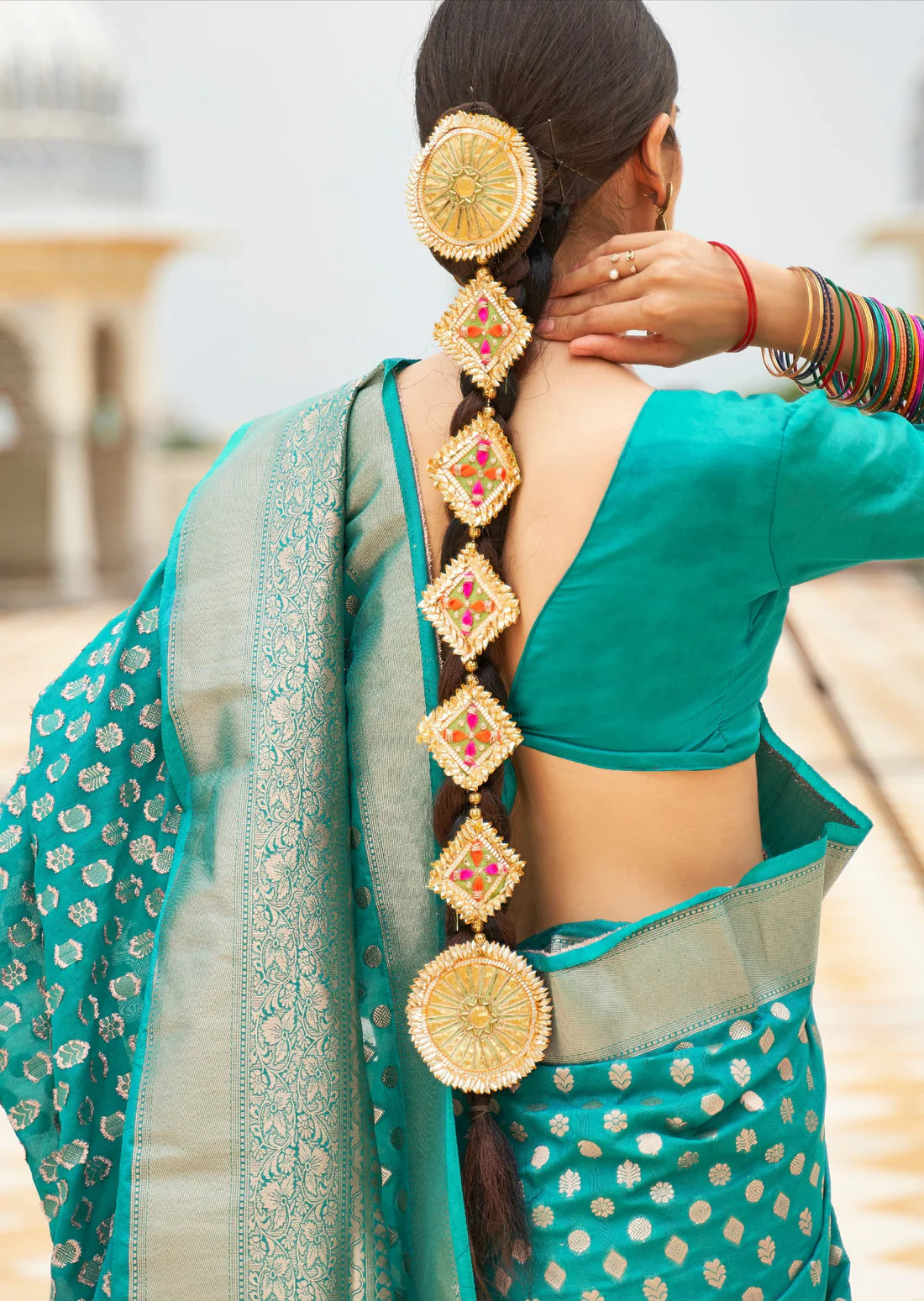 Khaddi georgette green banarasi saree blouse design online price.