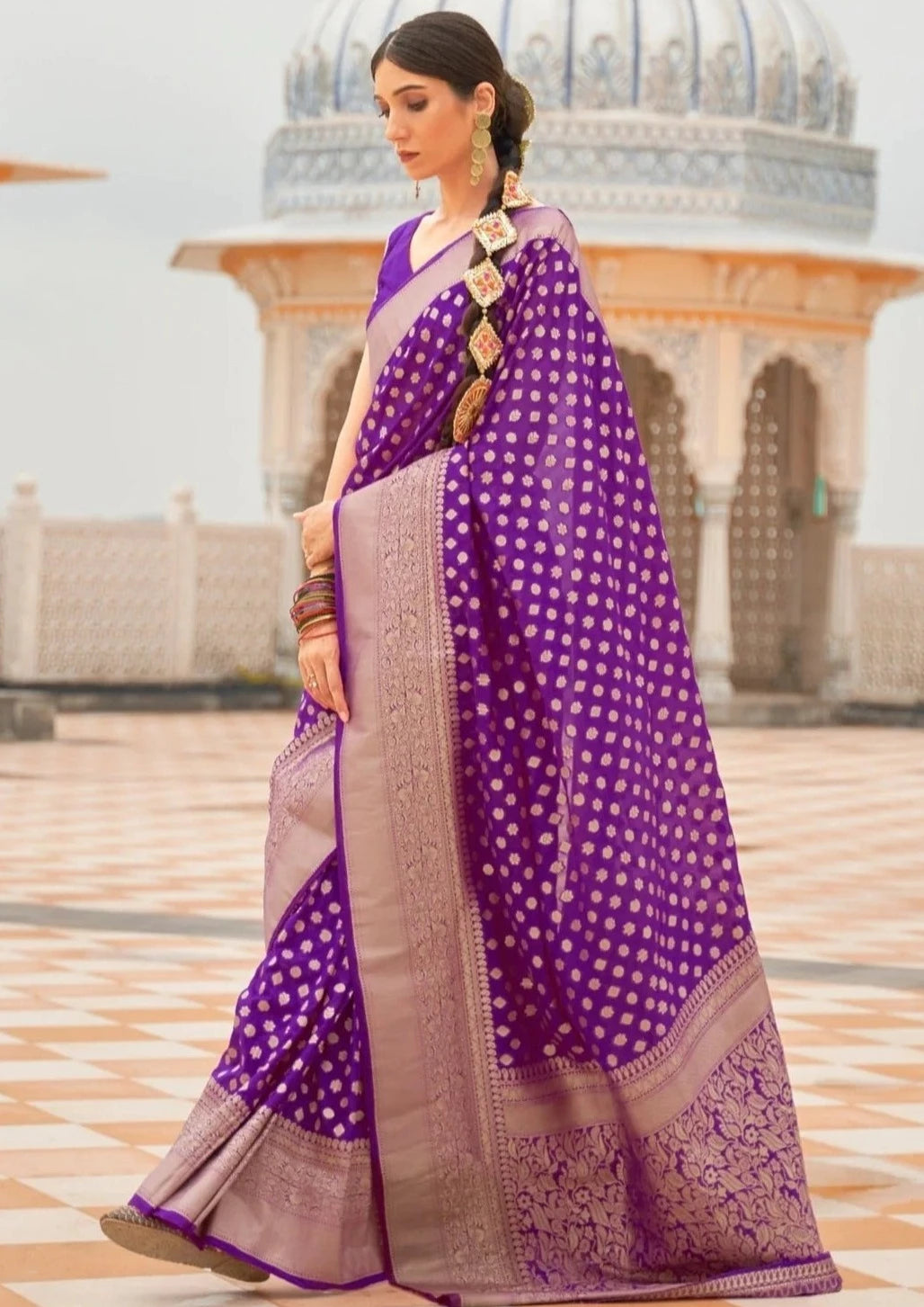 Woman's khaddi georgette violet purple banarasi saree blouse online india.