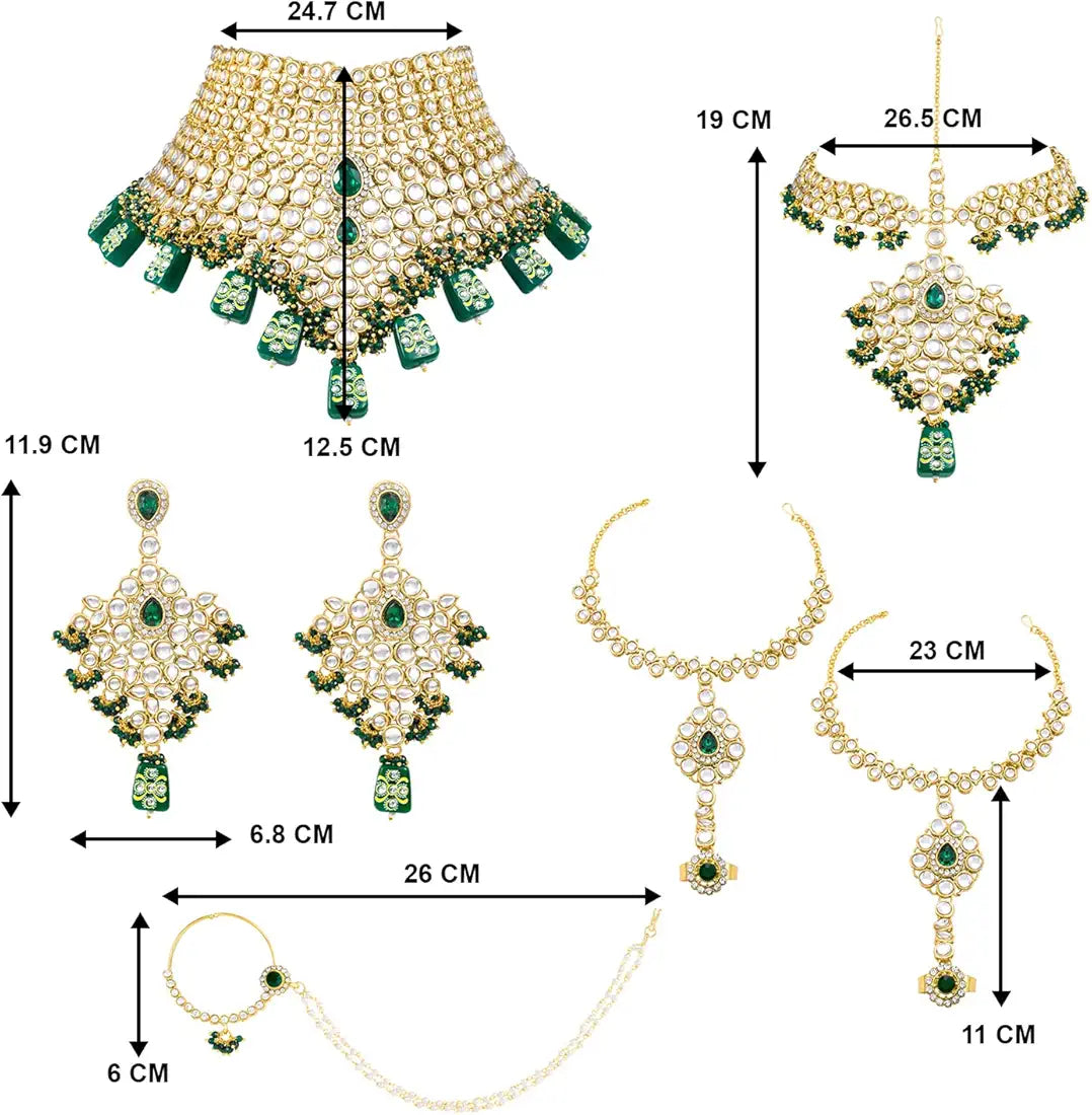 Kundan Bridal Jewellery Necklace Set With Earrings, Maang Tikka, Hathphool & Nose Ring (Green)