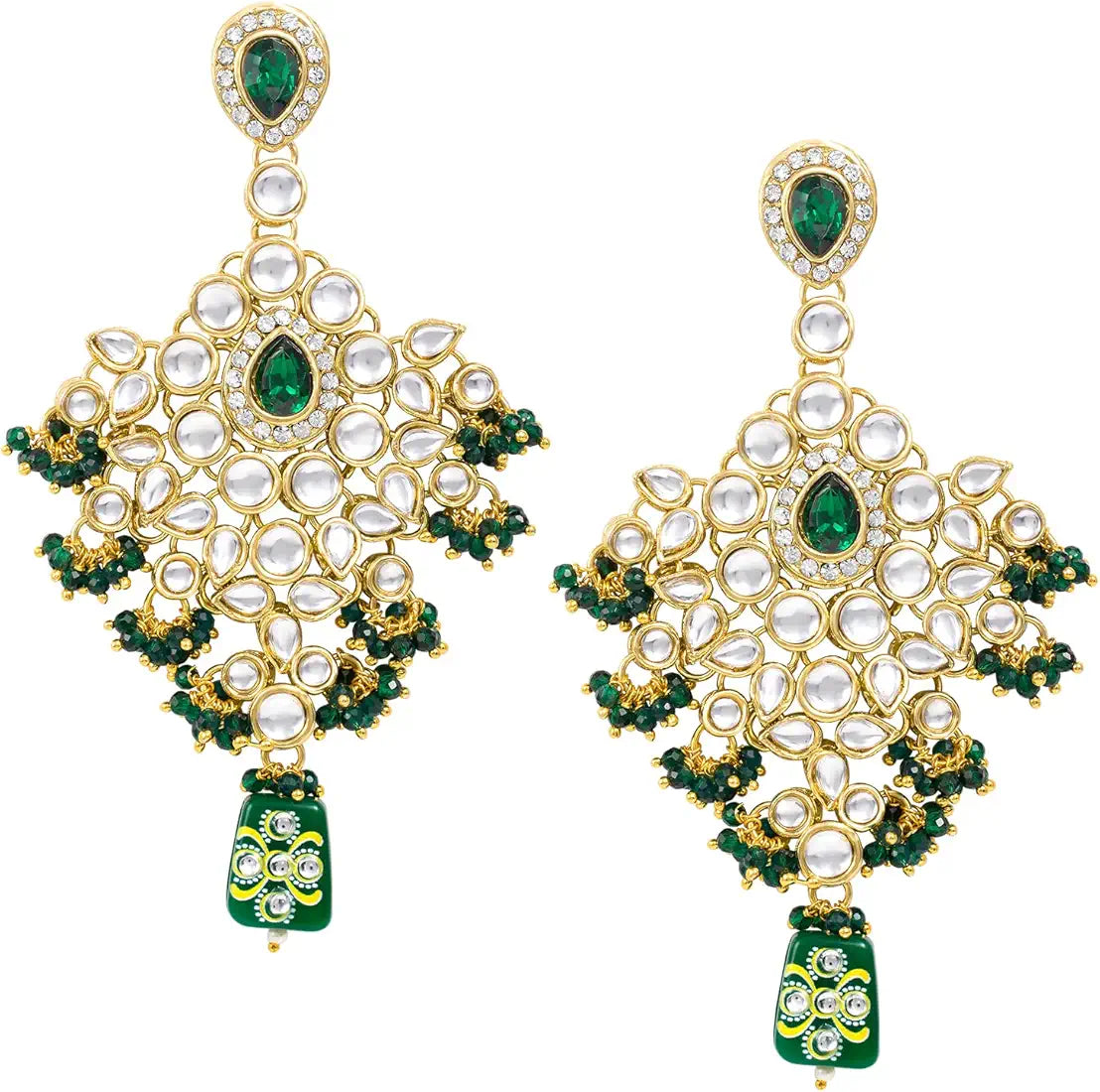 Kundan Bridal Jewellery Necklace Set With Earrings, Maang Tikka, Hathphool & Nose Ring (Green)