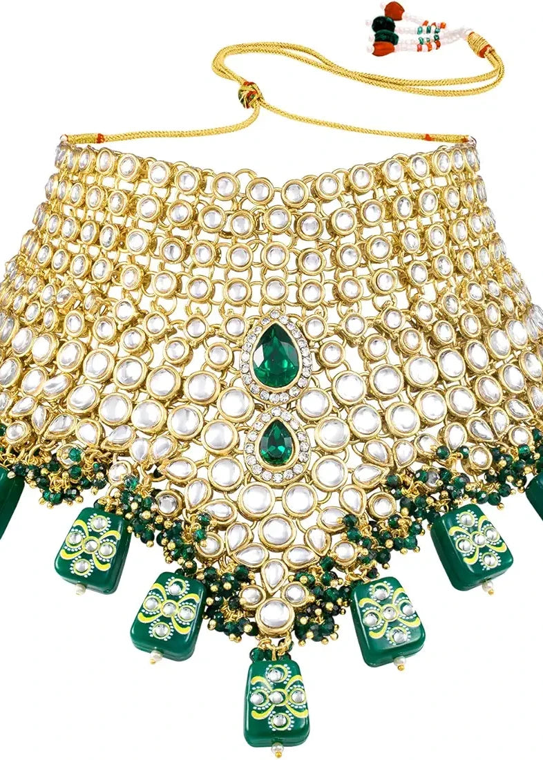 Kundan Bridal Jewellery Necklace Set With Earrings, Maang Tikka, Hathphool & Nose Ring (Green)