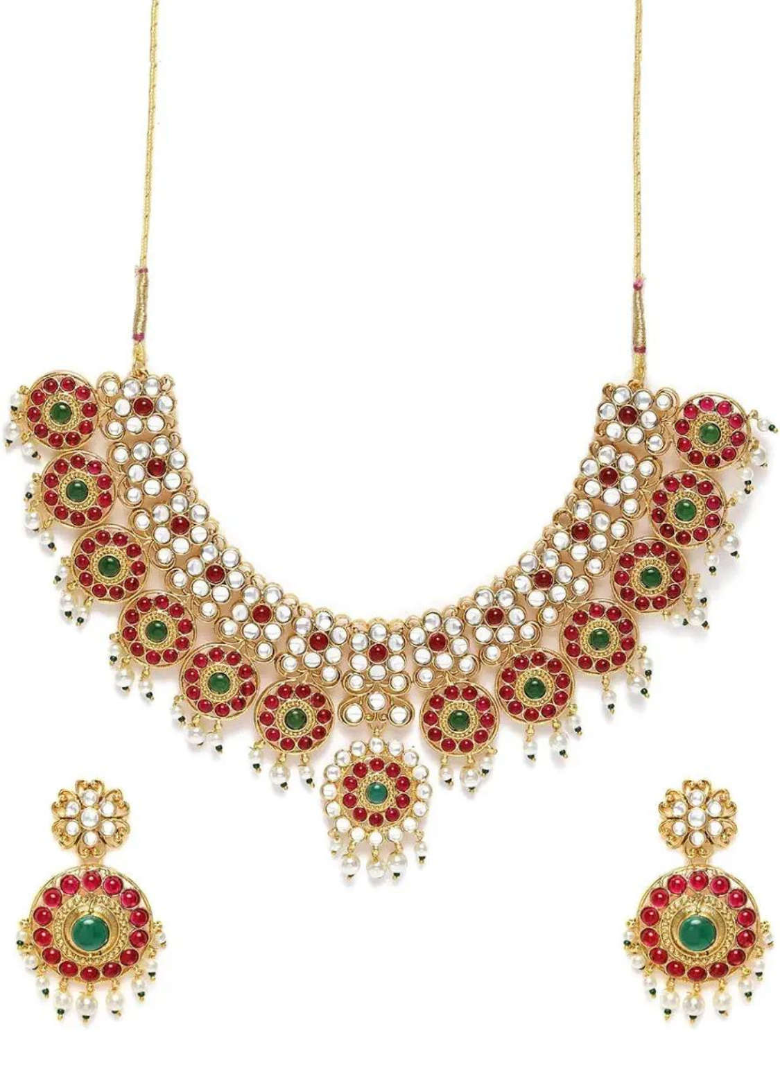 Pink & Green Floral Design Kundan Polki Necklace Set With Earrings