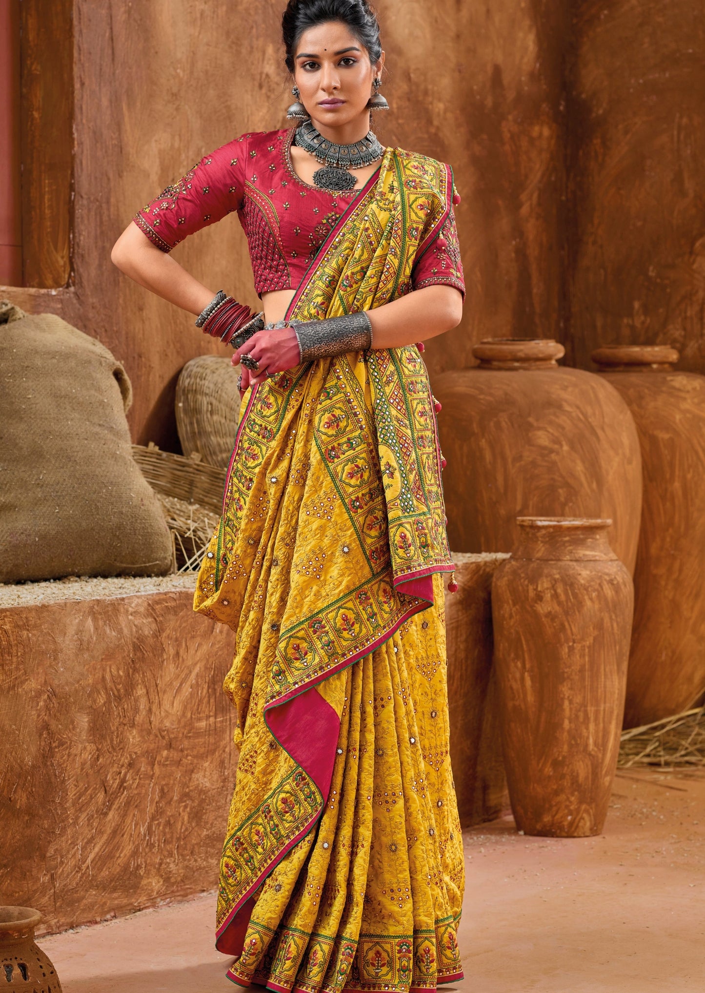 Kutch culture mirror work embroidery saree blouse yellow silk online buy price.
