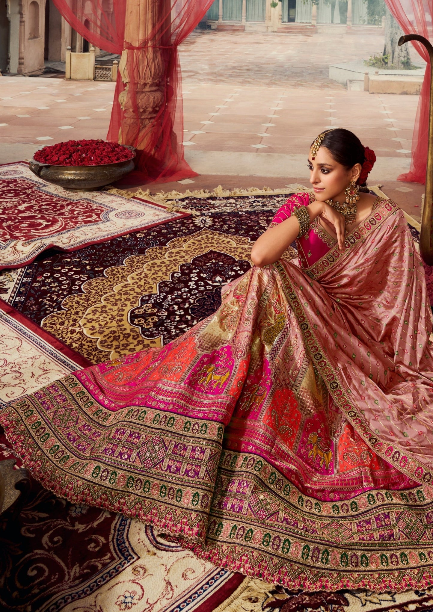 Bride in pink banarasi silk lehenga choli with dupatta online usa uk canada.