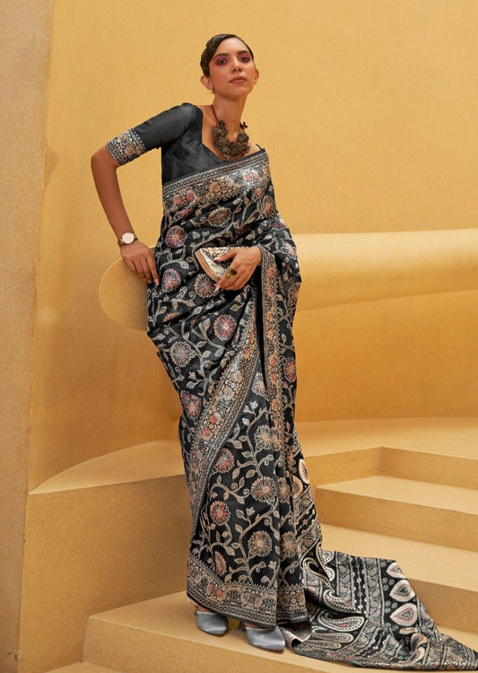 Woman's black lucknowi chikankari saree blouse designs online shopping.