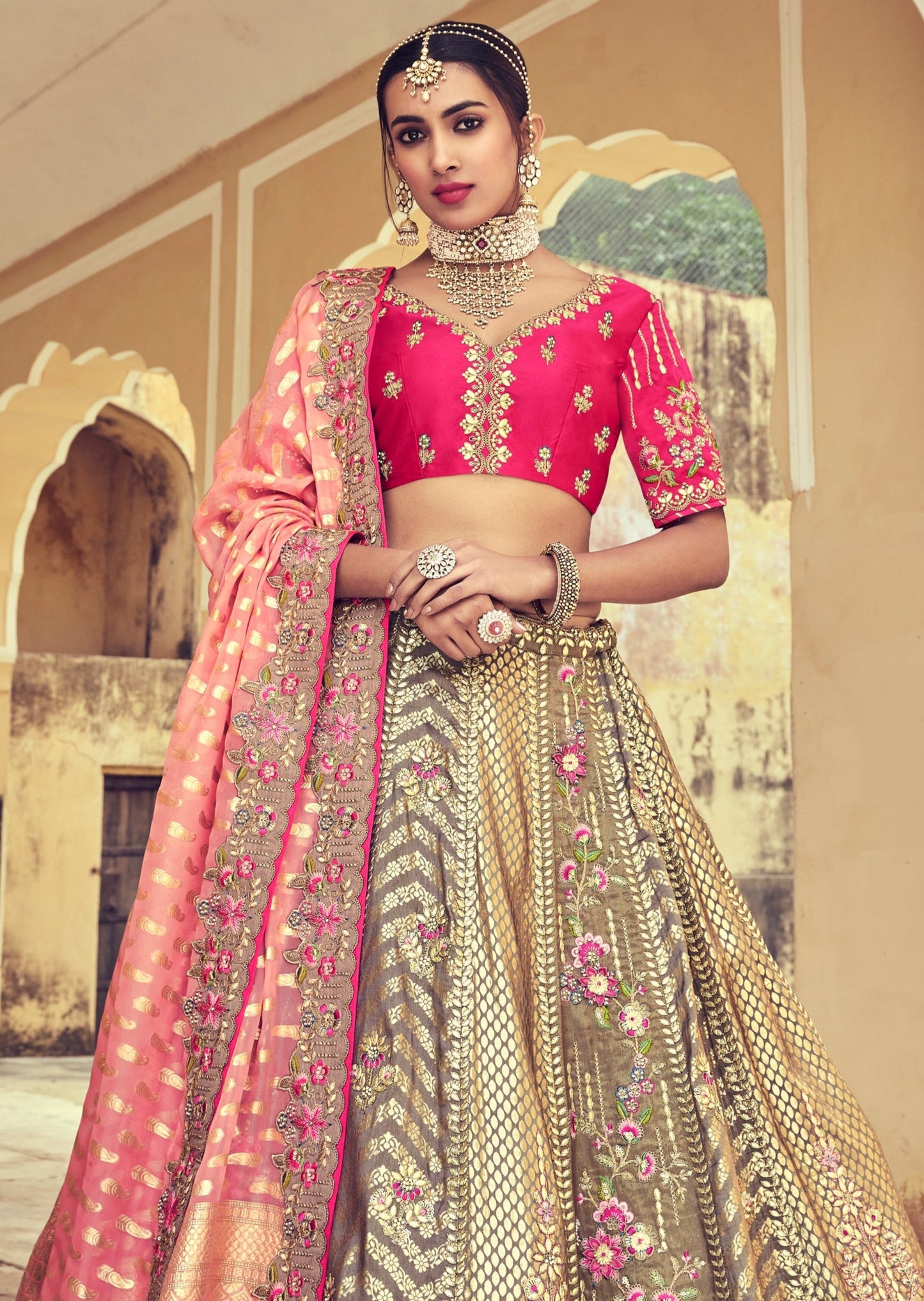 Luxury brown pink bridal organza lehenga choli semi stitched usa uk online price.