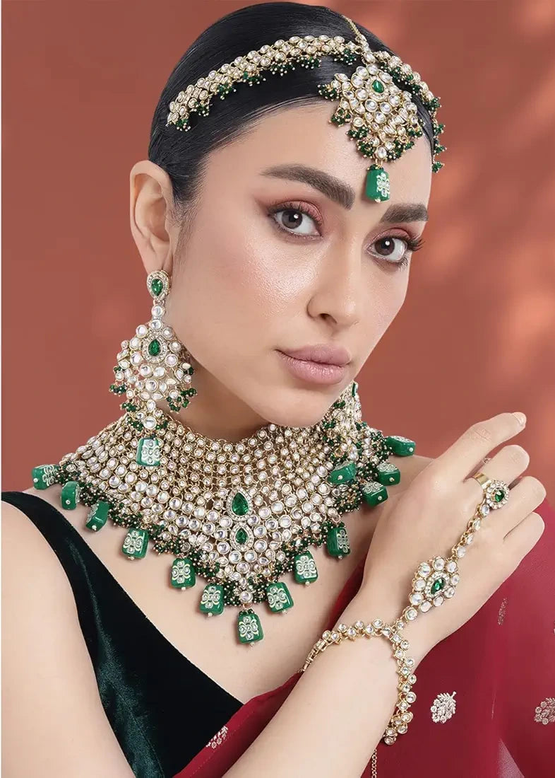 Kundan Bridal Jewellery Necklace Set With Earrings, Maang Tikka, Hathphool & Nose Ring (Green)