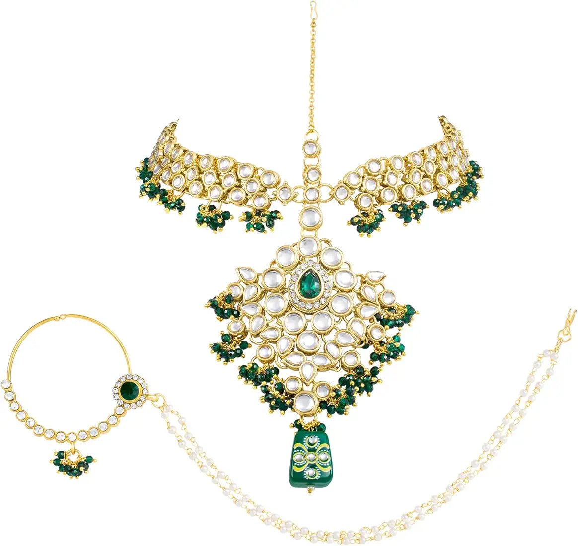 Kundan Bridal Jewellery Necklace Set With Earrings, Maang Tikka, Hathphool & Nose Ring (Green)