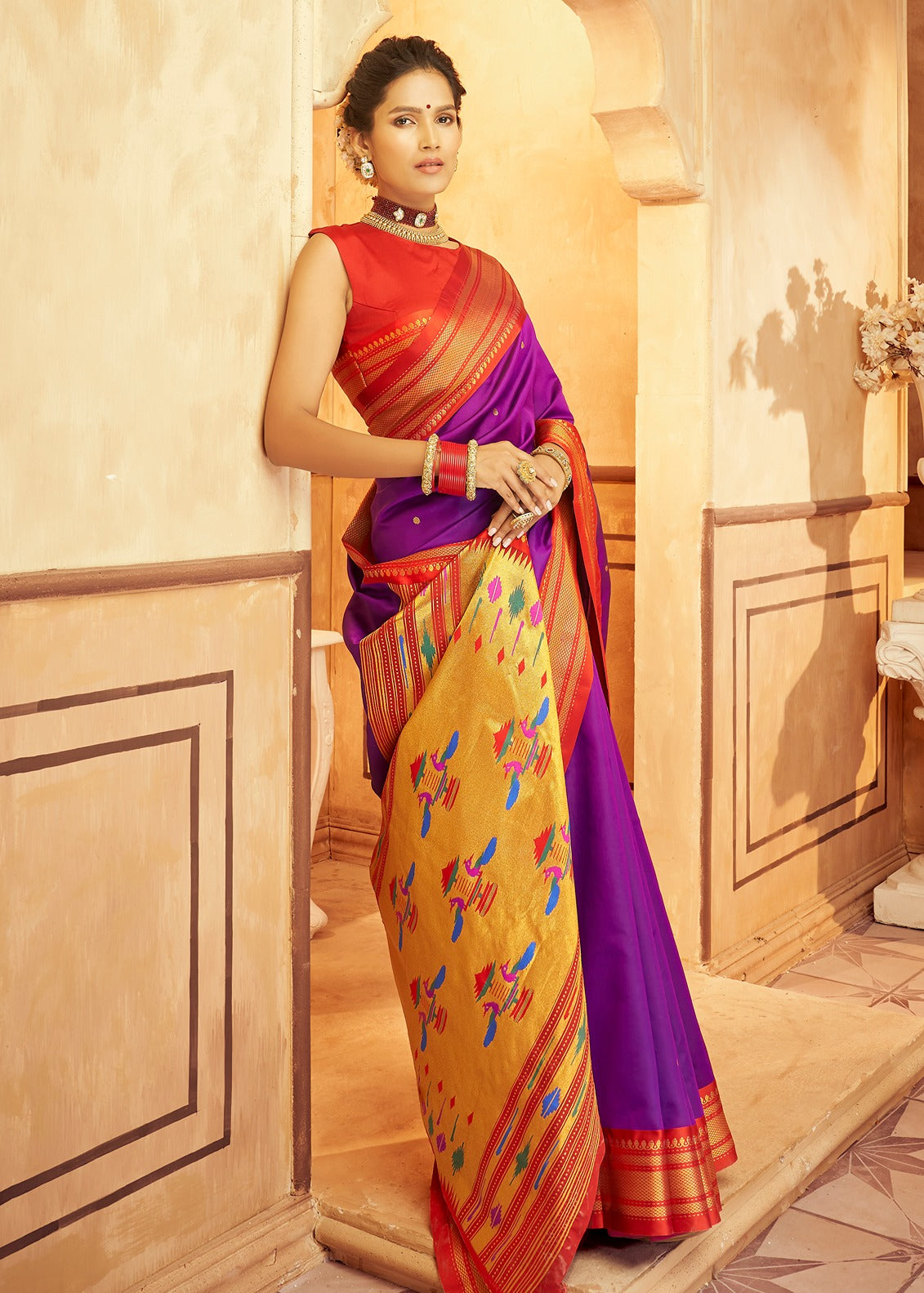 Magenta pink paithani silk bridal saree in usa online shopping with fall pico for wedding.