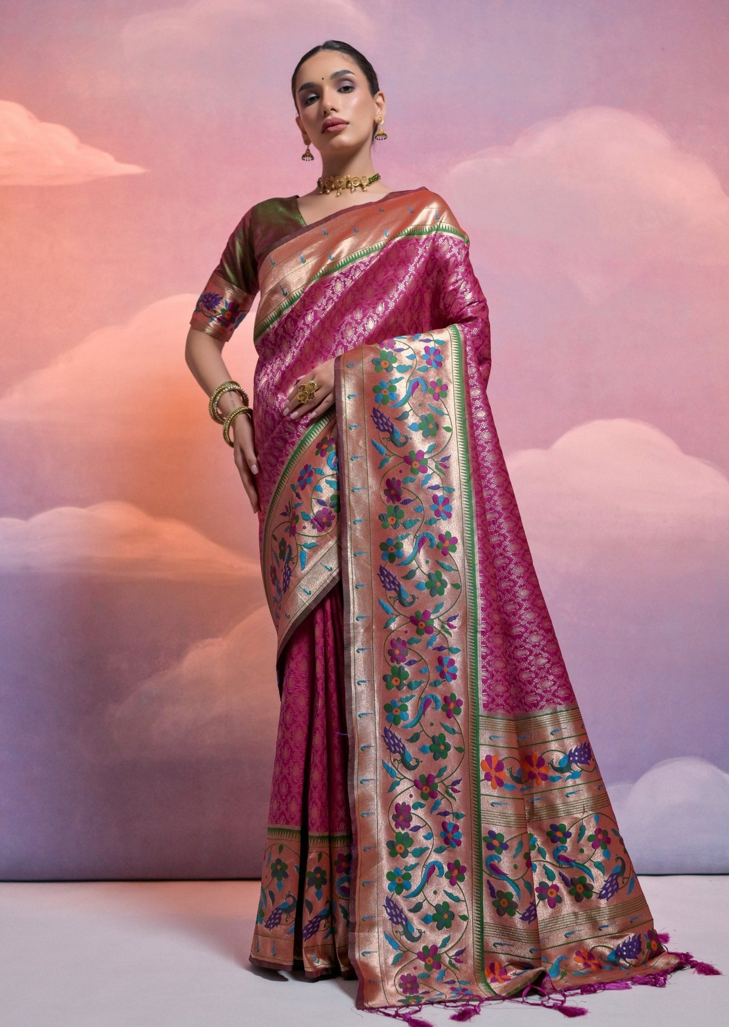 Maroon red triple muniya border paithani silk saree london uk online.