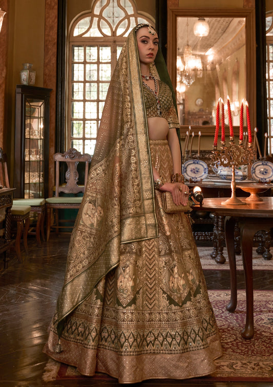bride in mehendi green and golden zari work lehenga choli with dupatta