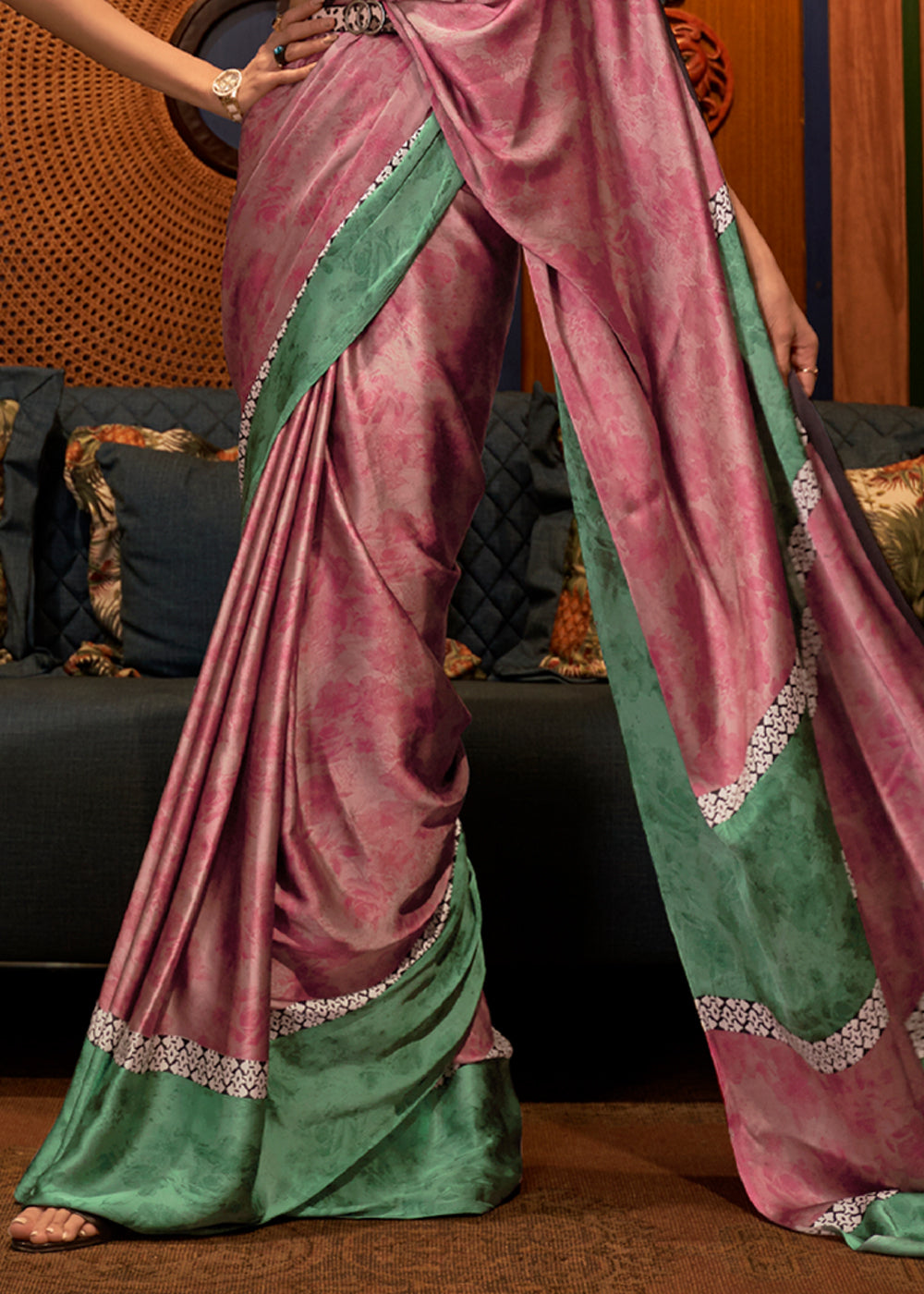 Pure Satin Crepe Silk Pink and Green Printed Saree