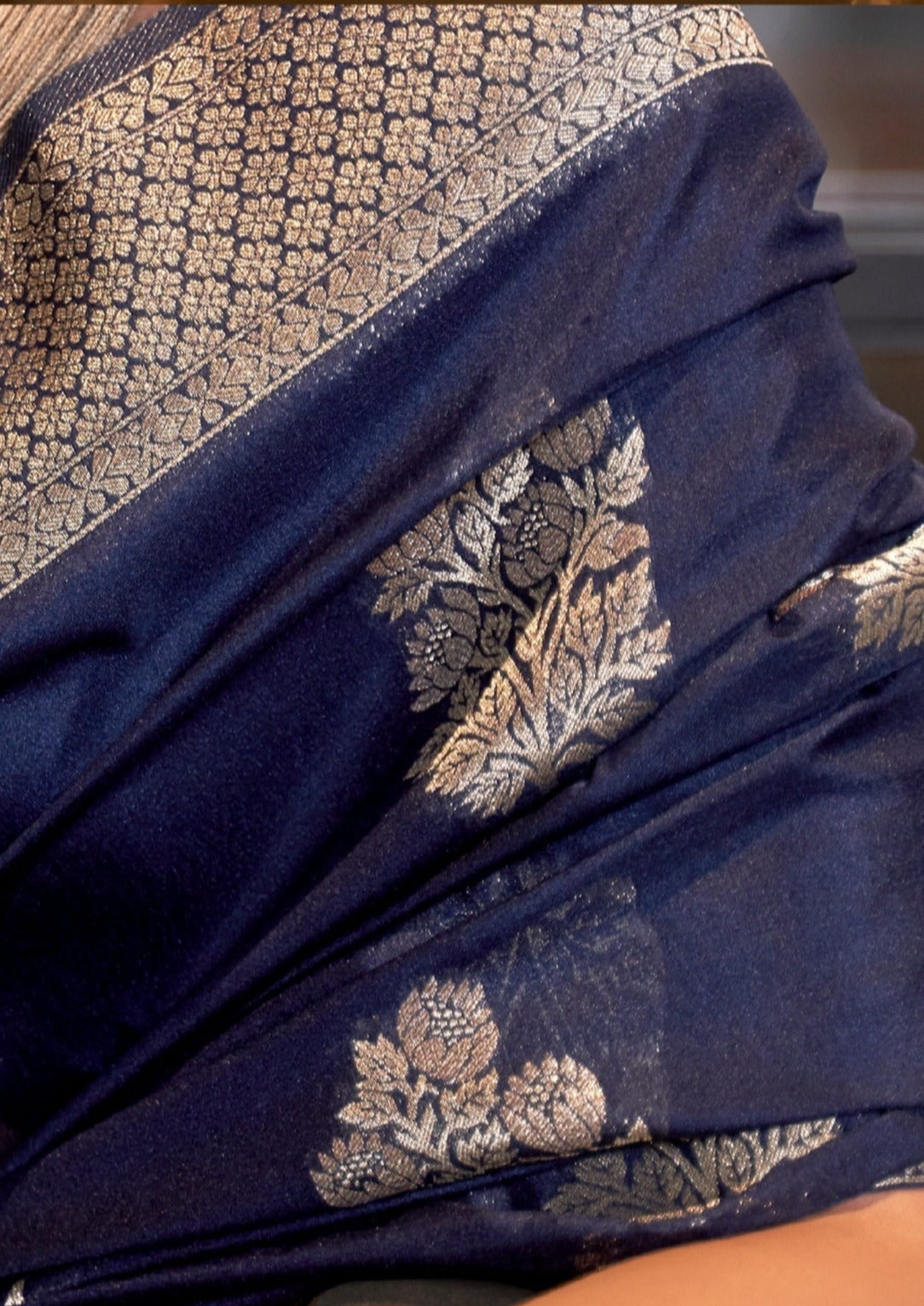 Zari work on khaddi georgette banarasi saree online india navy blue color.