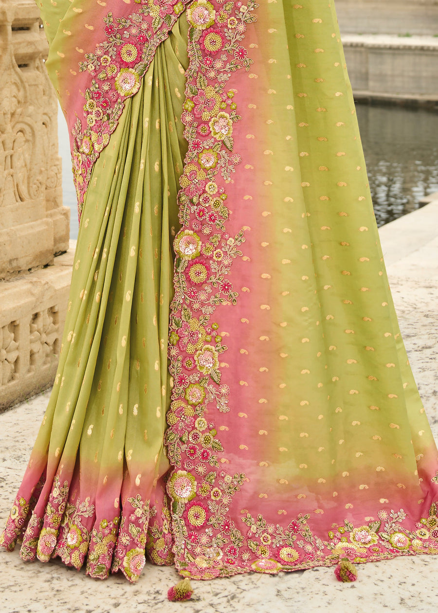 Indian ethnic saree with heavy embroidery in green pink ombre banarasi silk for festive occasions and wedding guest outfits.