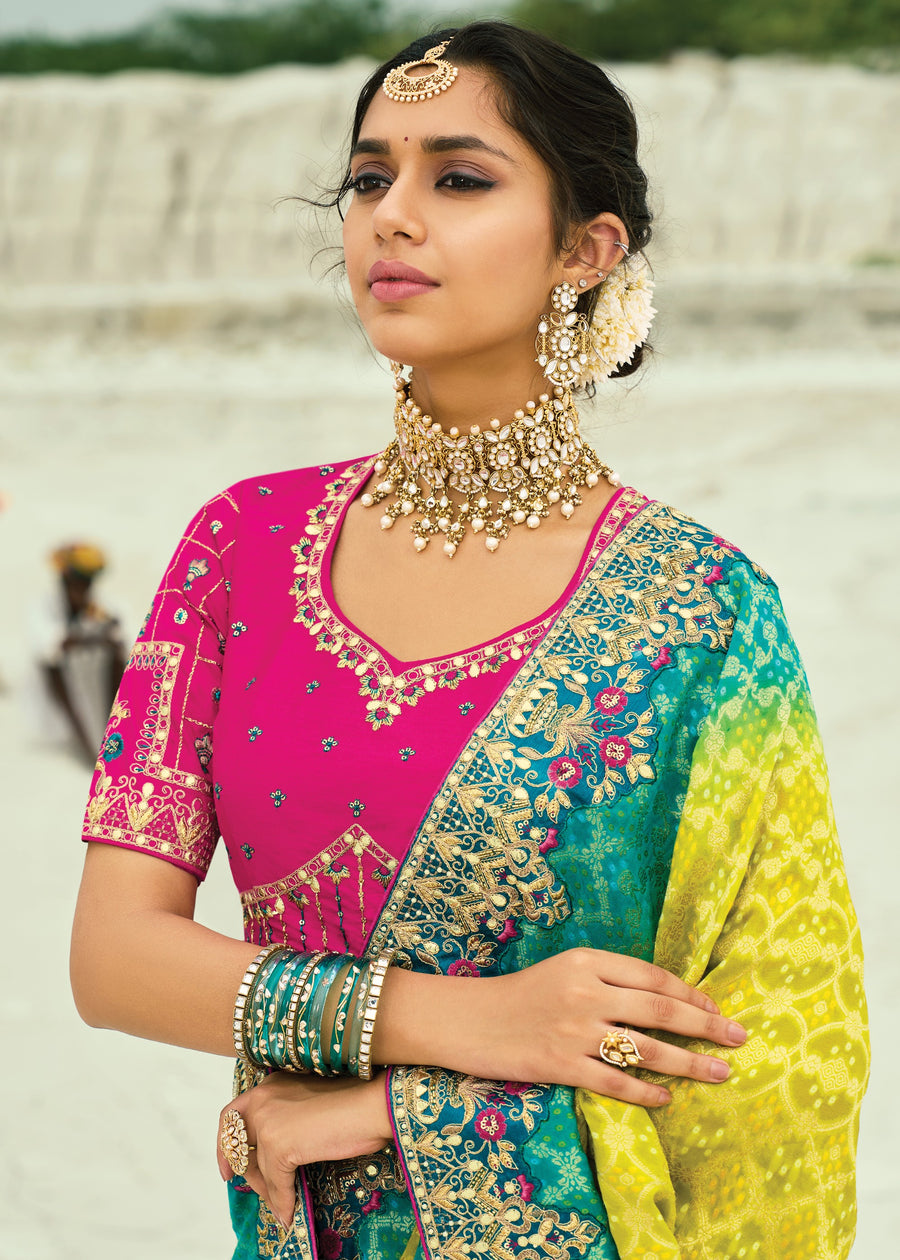 Khaddi georgette bandhani ombre saree in yellow and blue with delicate embroidery for destination weddings & haldi look.