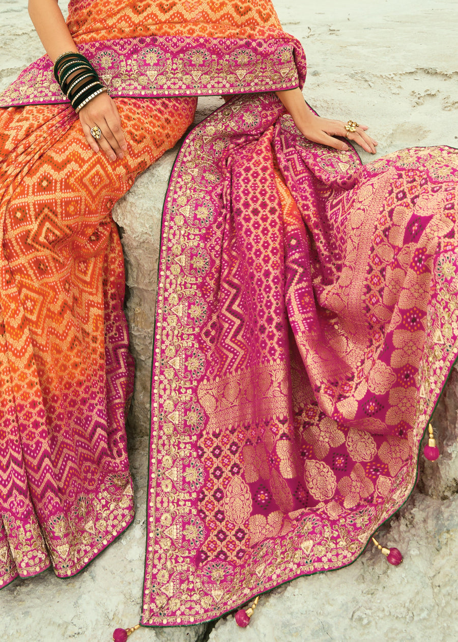 Ombre orange rani pink bandhej saree with lightweight georgette fabric and delicate festive embroidery perfect for haldi, mehendi, sangeet and Indian destination wedding events.