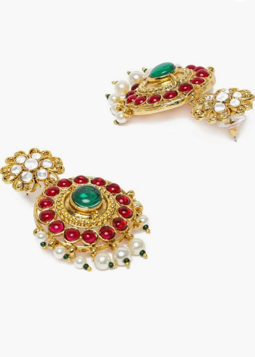 Pink & Green Floral Design Kundan Polki Necklace Set With Earrings