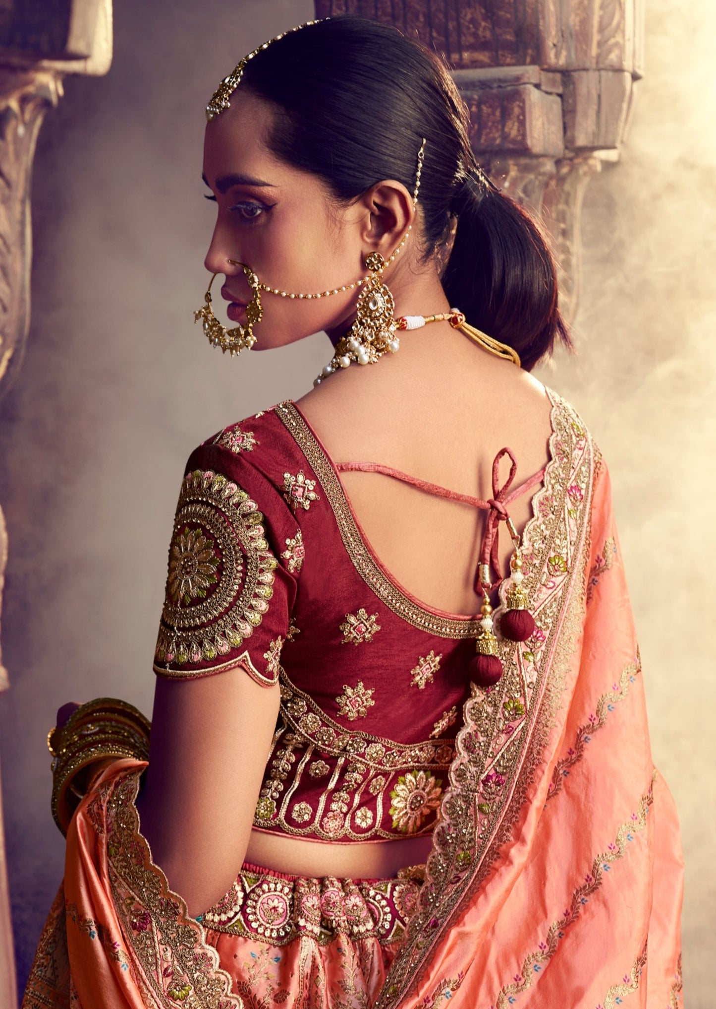 Orange golden banarasi silk unstitched bridal lehenga choli online usa shopping.