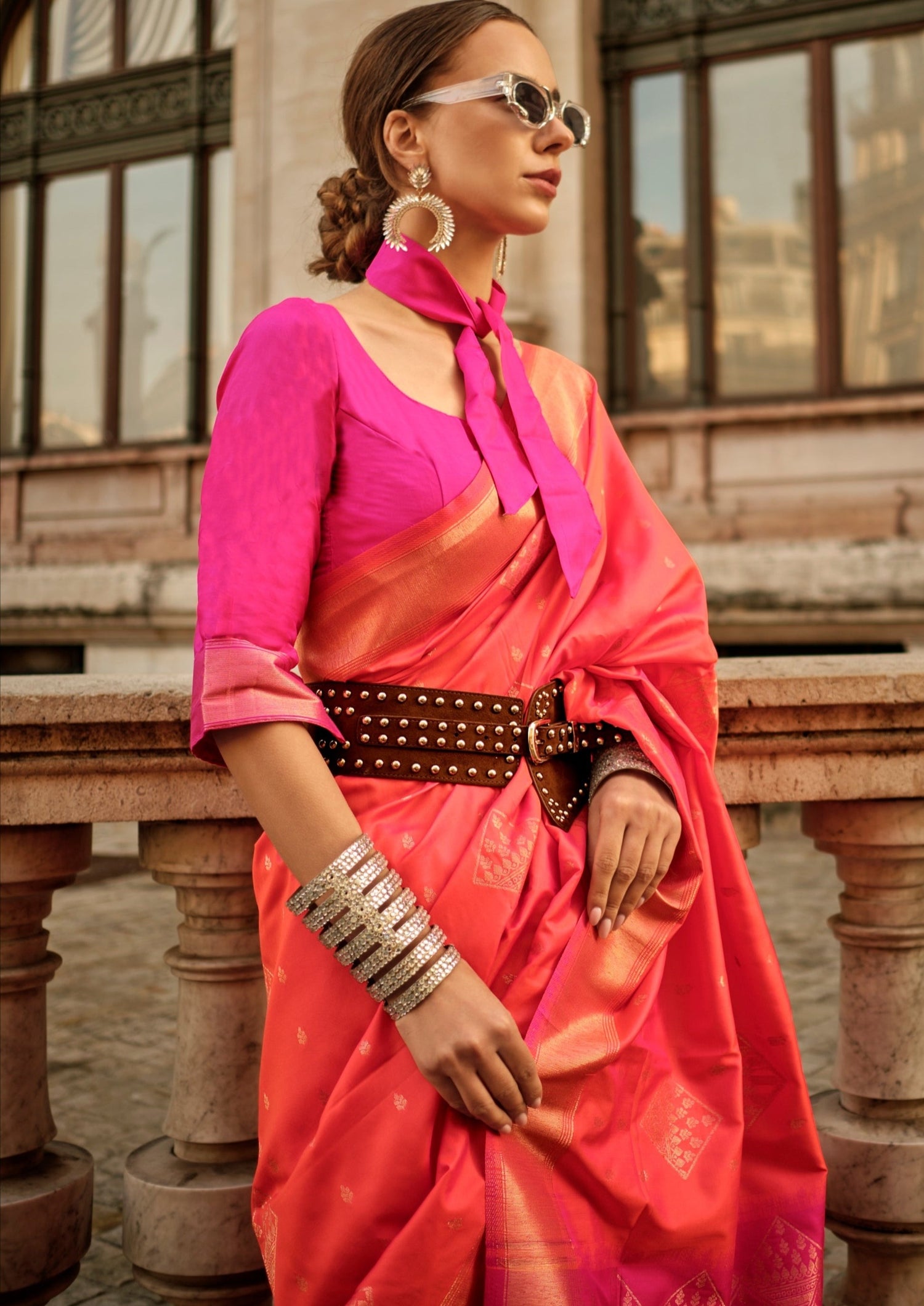 Orange handloom kanjivaram silk saree online shopping price for wedding usa uae uk.