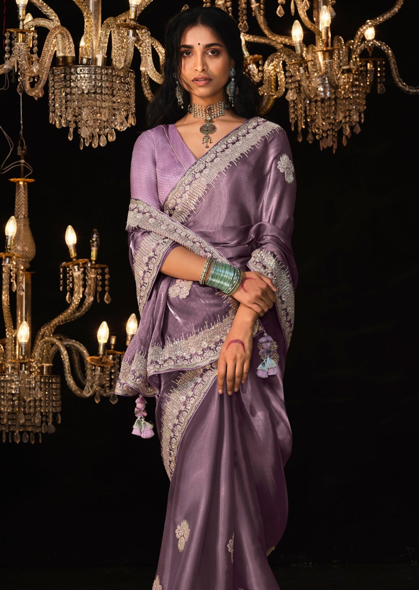 Pure organza purple embroidered saree online for wedding.