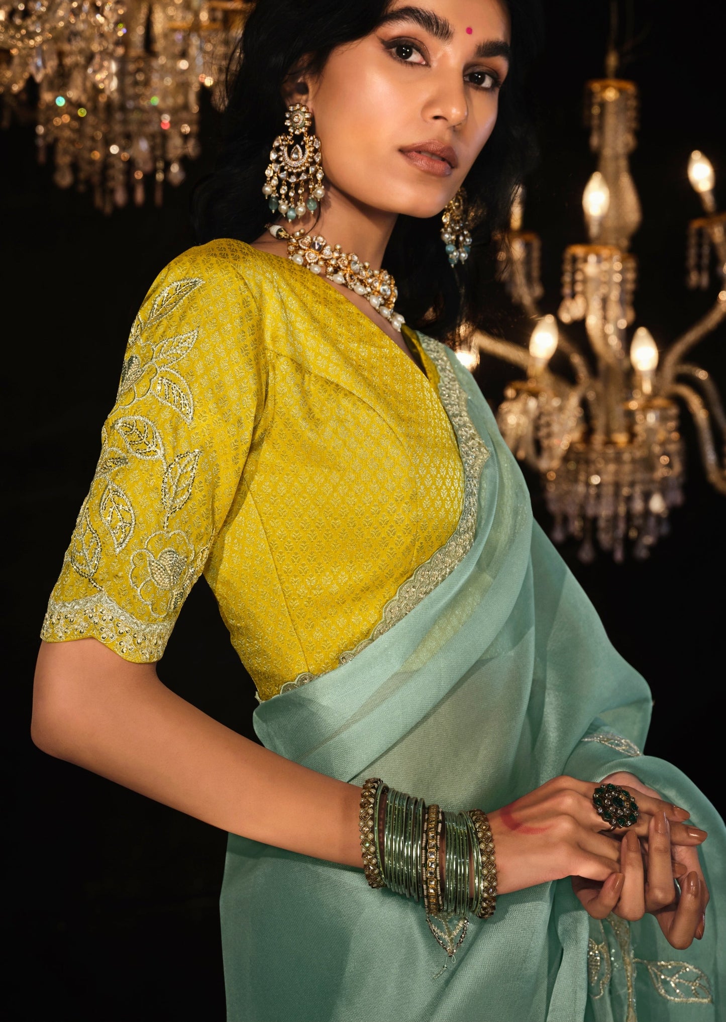 Sky blue organza saree with banarasi blouse online designs shopping.