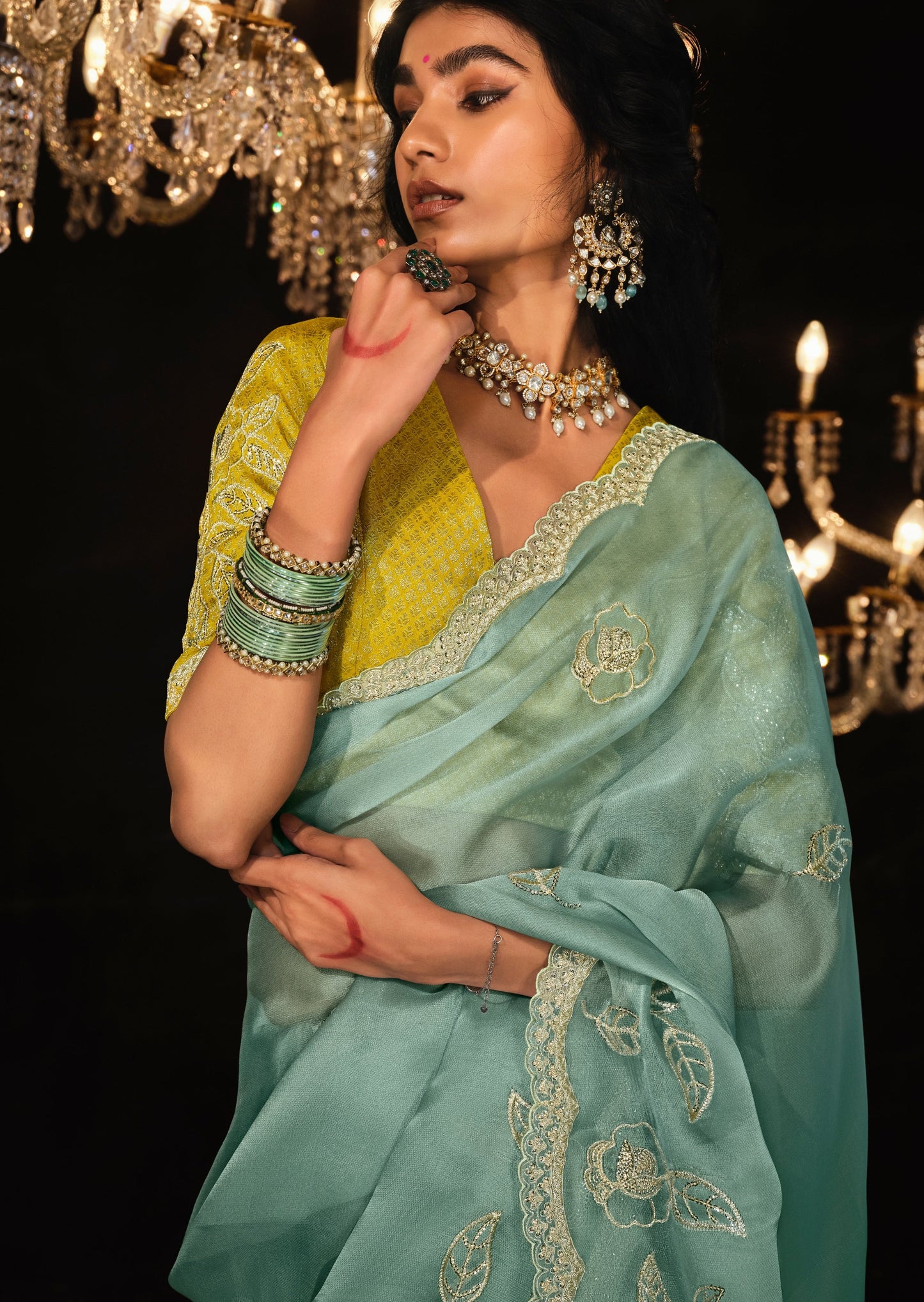 Pure organza silk sky blue embroidered saree with contrast yellow blouse online shopping price.