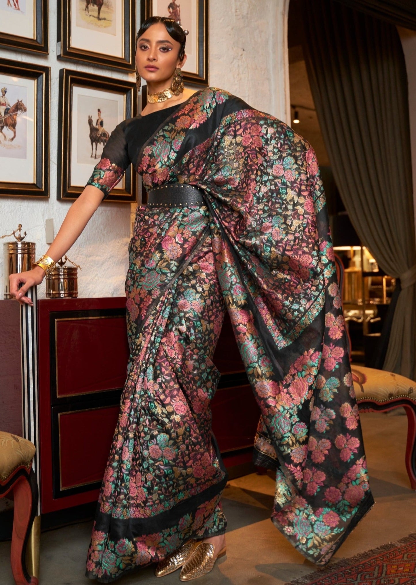 Original kashmiri pashmina pure silk black saree online shopping with price.