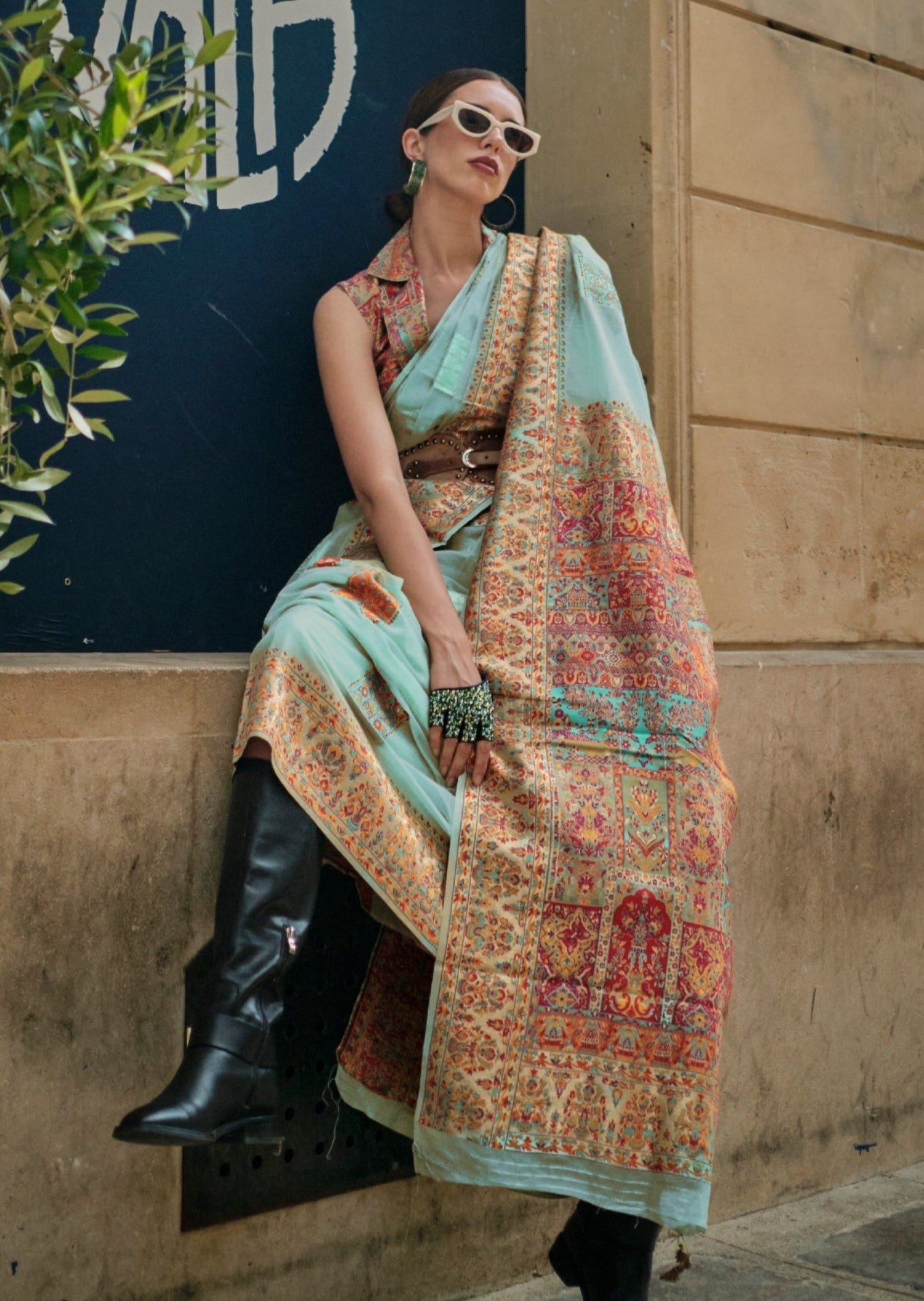 Original pure handloom kashmiri silk embroidered pastel blue wedding saree online.