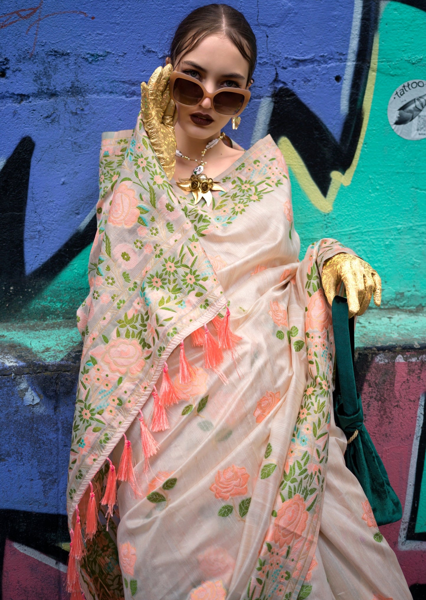 Parsi gara embroidery designs cream saree online shopping.