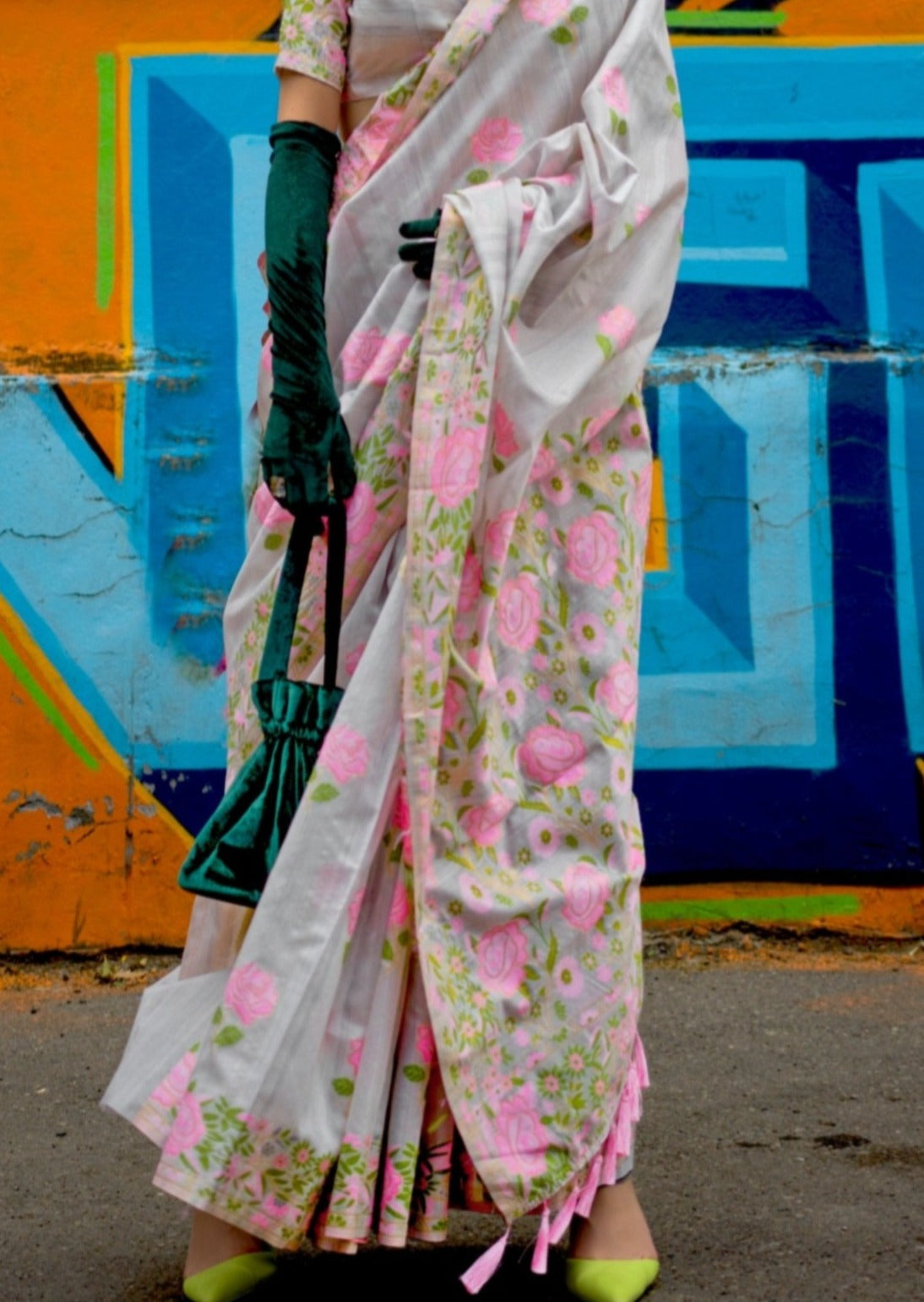 Parsi gara hand embroidery greyish white silk saree online india.