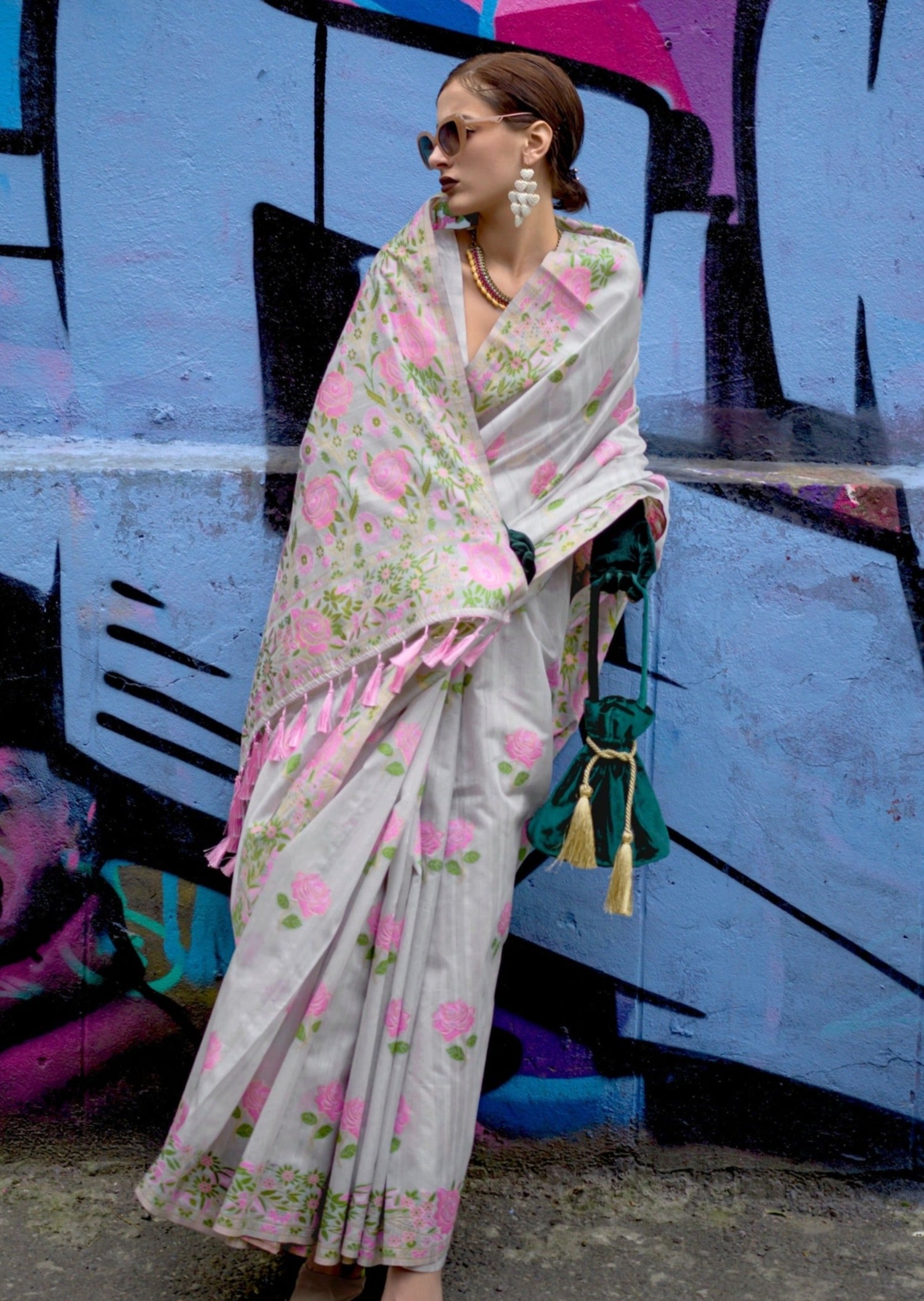 Parsi gara hand embroidery online designs white silk saree.