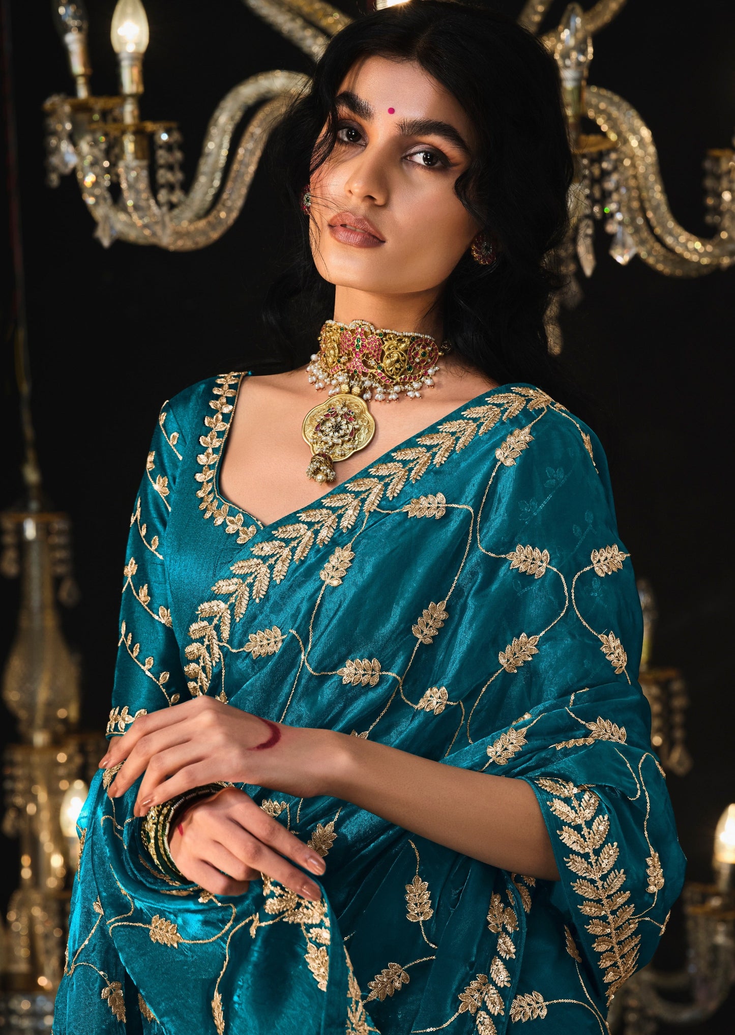 Party wear organza embroidered blue designer saree usa online shopping.