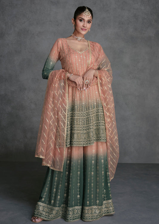 Party wear peach and green sharara suit set with dupatta online usa.
