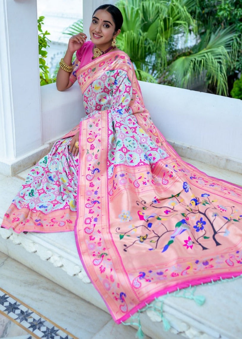 Pure Banarasi Patola Paithani Silk Pastel Blue Handloom Saree