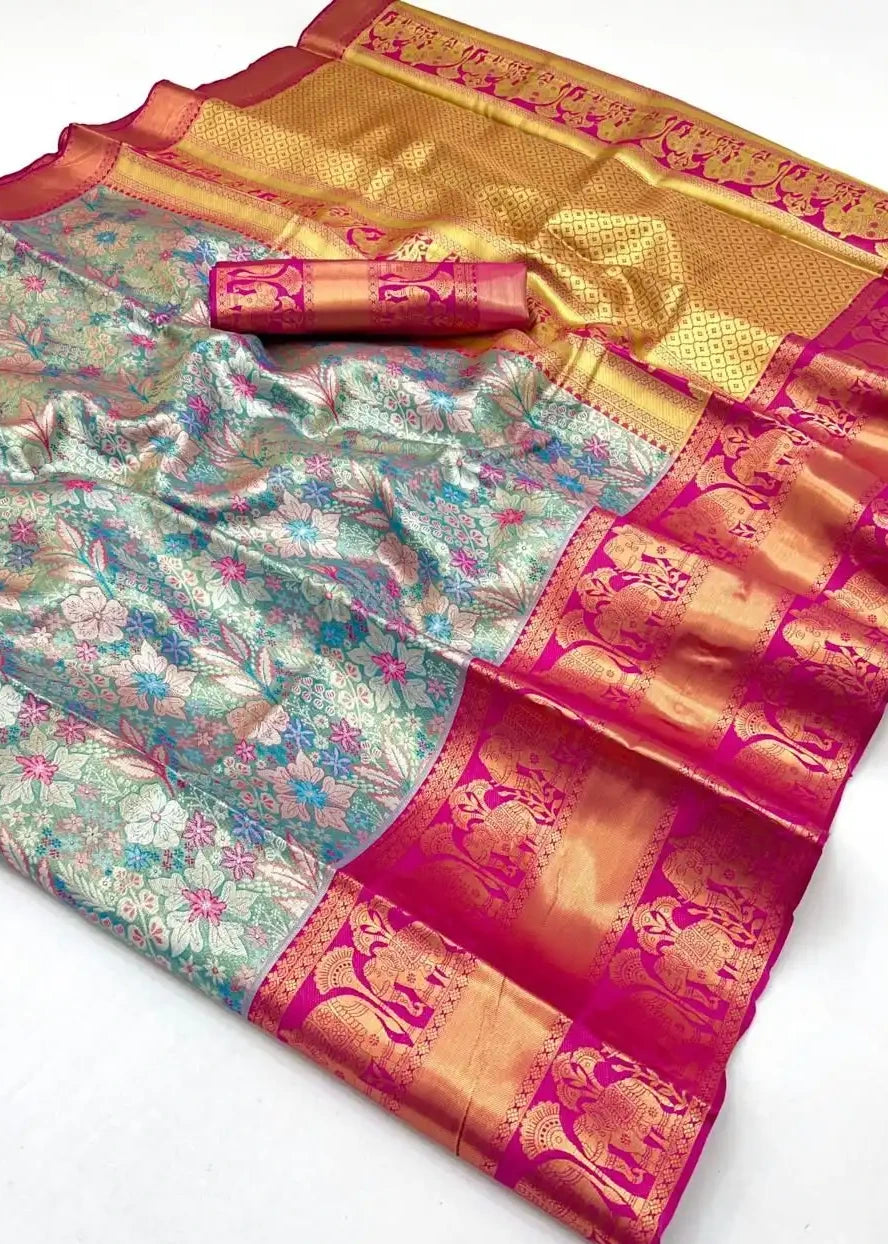 Pastel Blue and Pink Kanjivaram Silk Handloom Saree