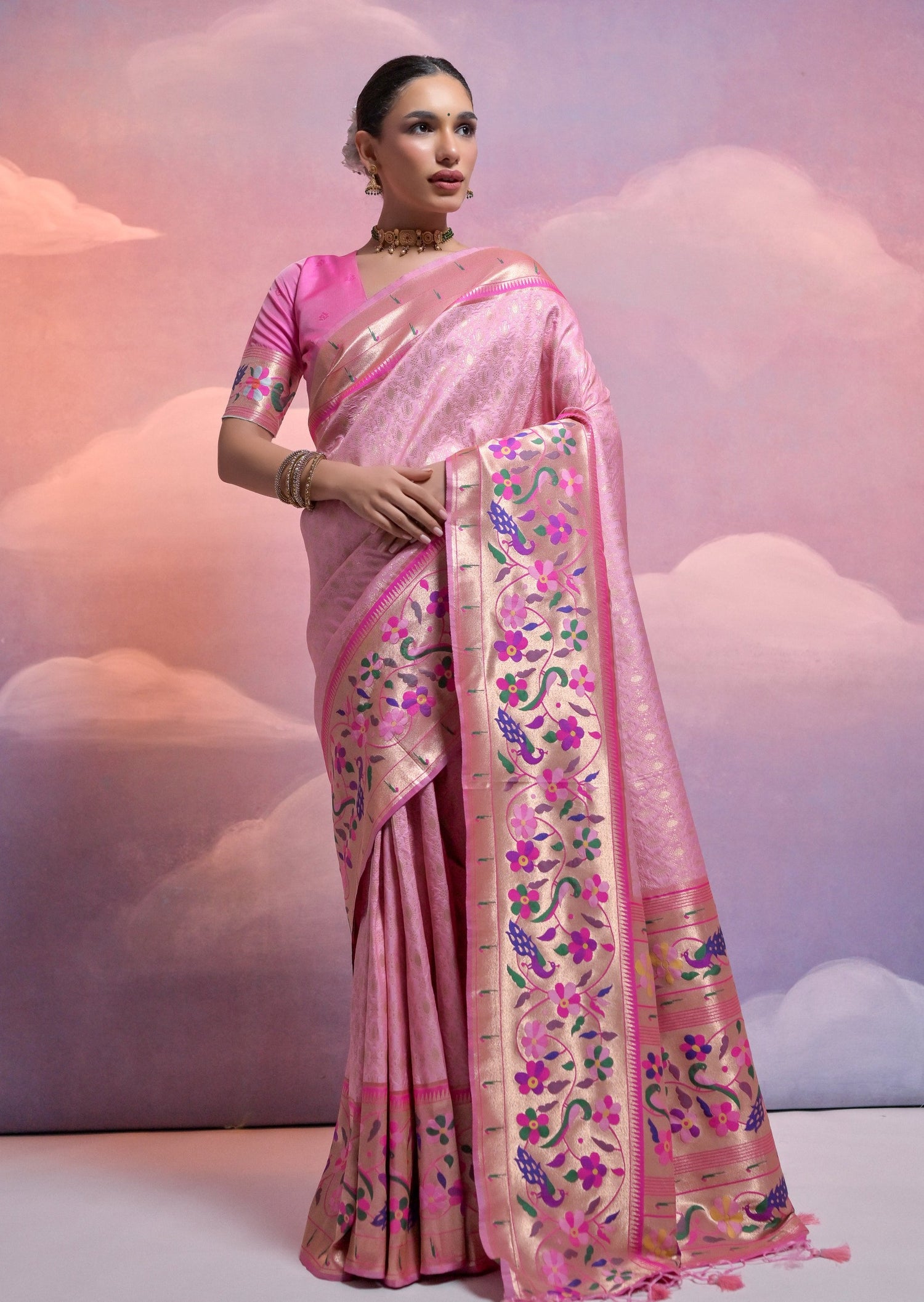 Pastel pink handloom paithani silk saree with muniya border online.