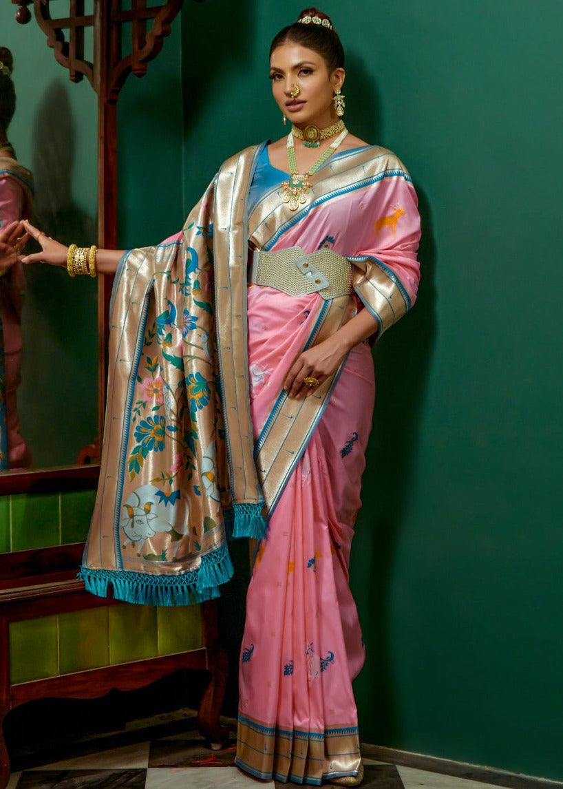 Shop pastel pink paithani silk handloom saree online india with contrast blue blouse.