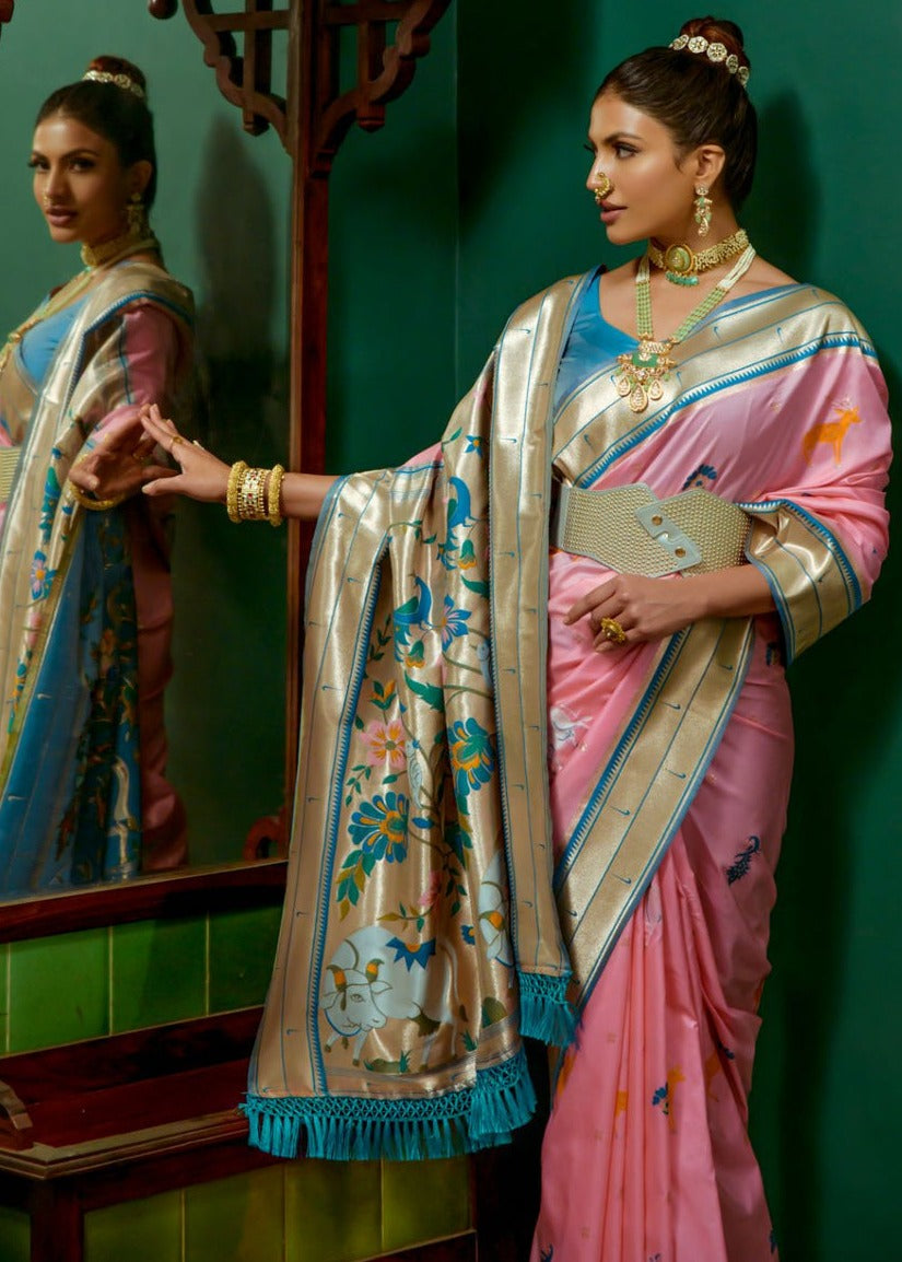 Pastel pink paithani silk handloom saree online shopping india with contrast blue blouse.