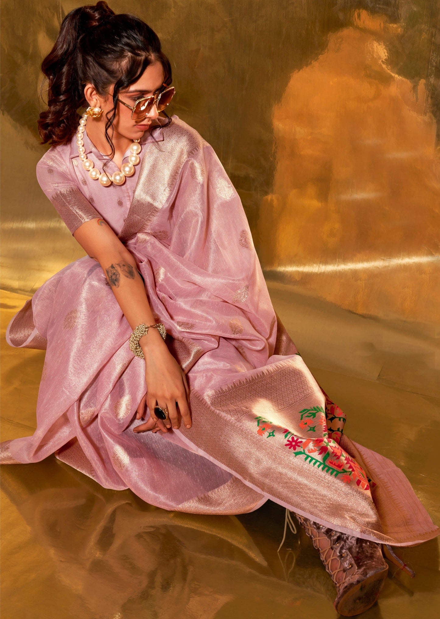 Pastel pink tissue silk saree online shopping.