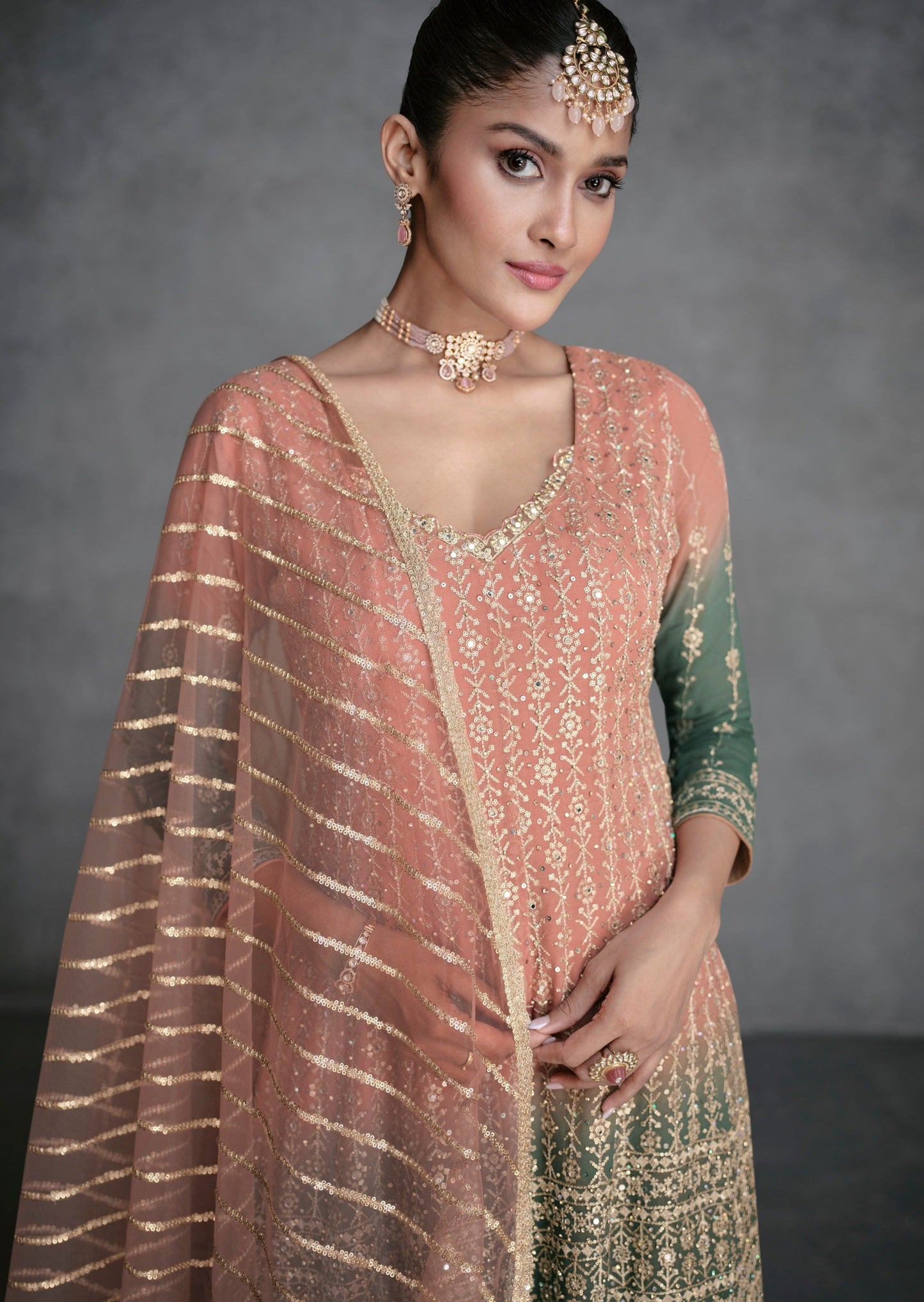 Peach and green sharara suit set with dupatta usa.