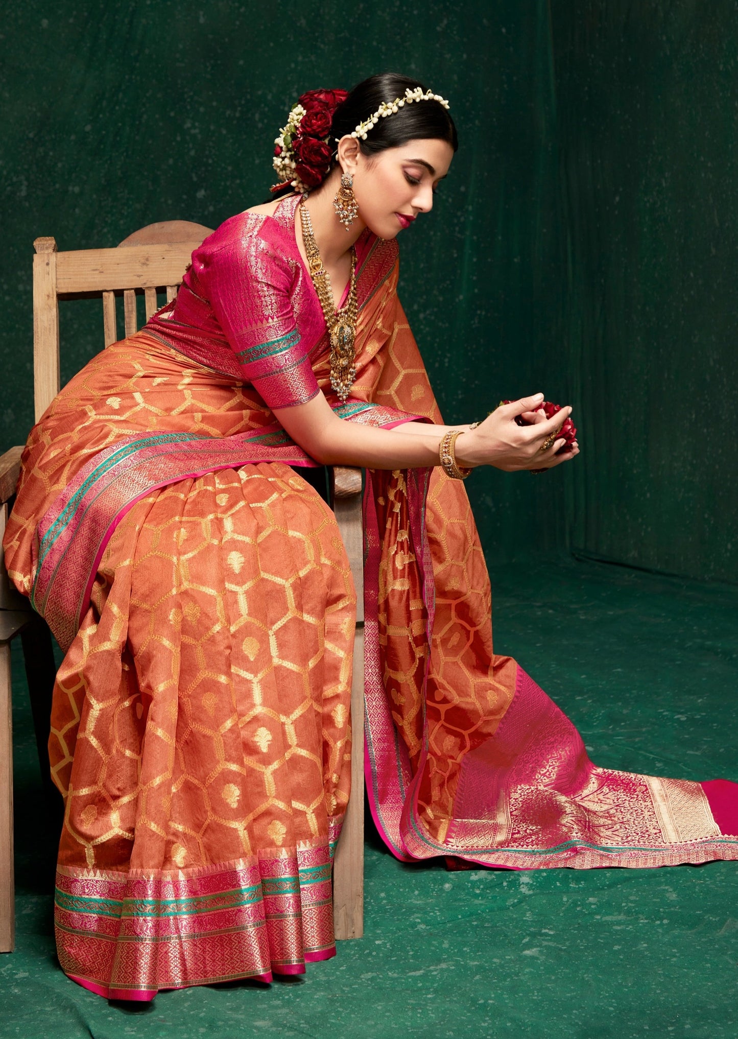 Peach banarasi cotton silk saree online usa shopping in traditional designs.