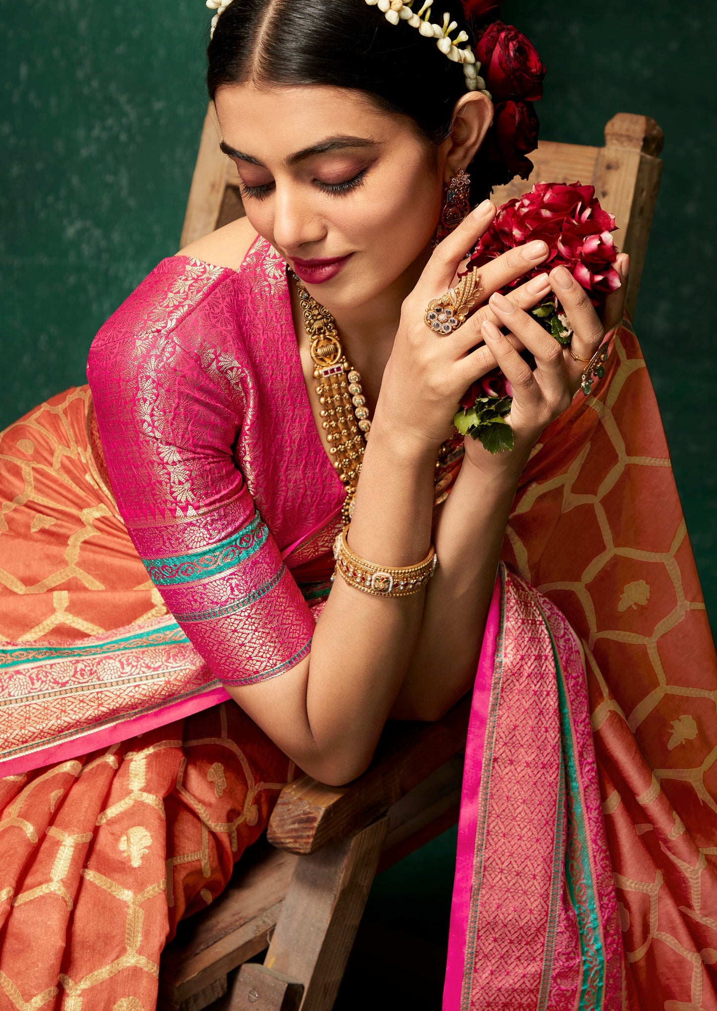 Peach banarasi cotton silk saree online usa shopping for summer wedding.