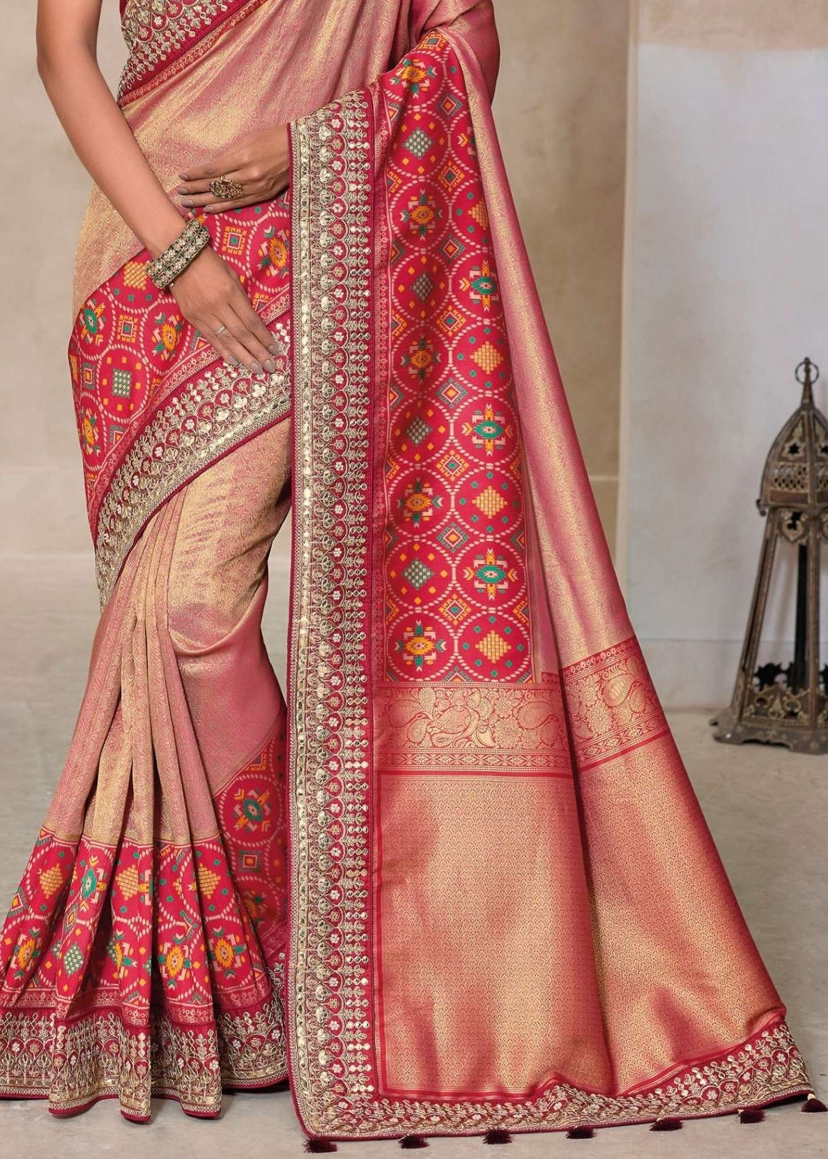 Peach and red banarasi patola silk handwork saree online shopping for wedding function look.
