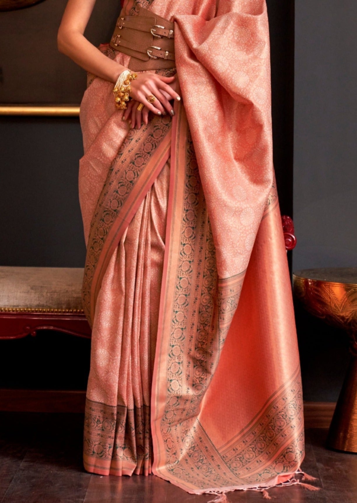 Peach kanjivaram silk saree online shopping usa.