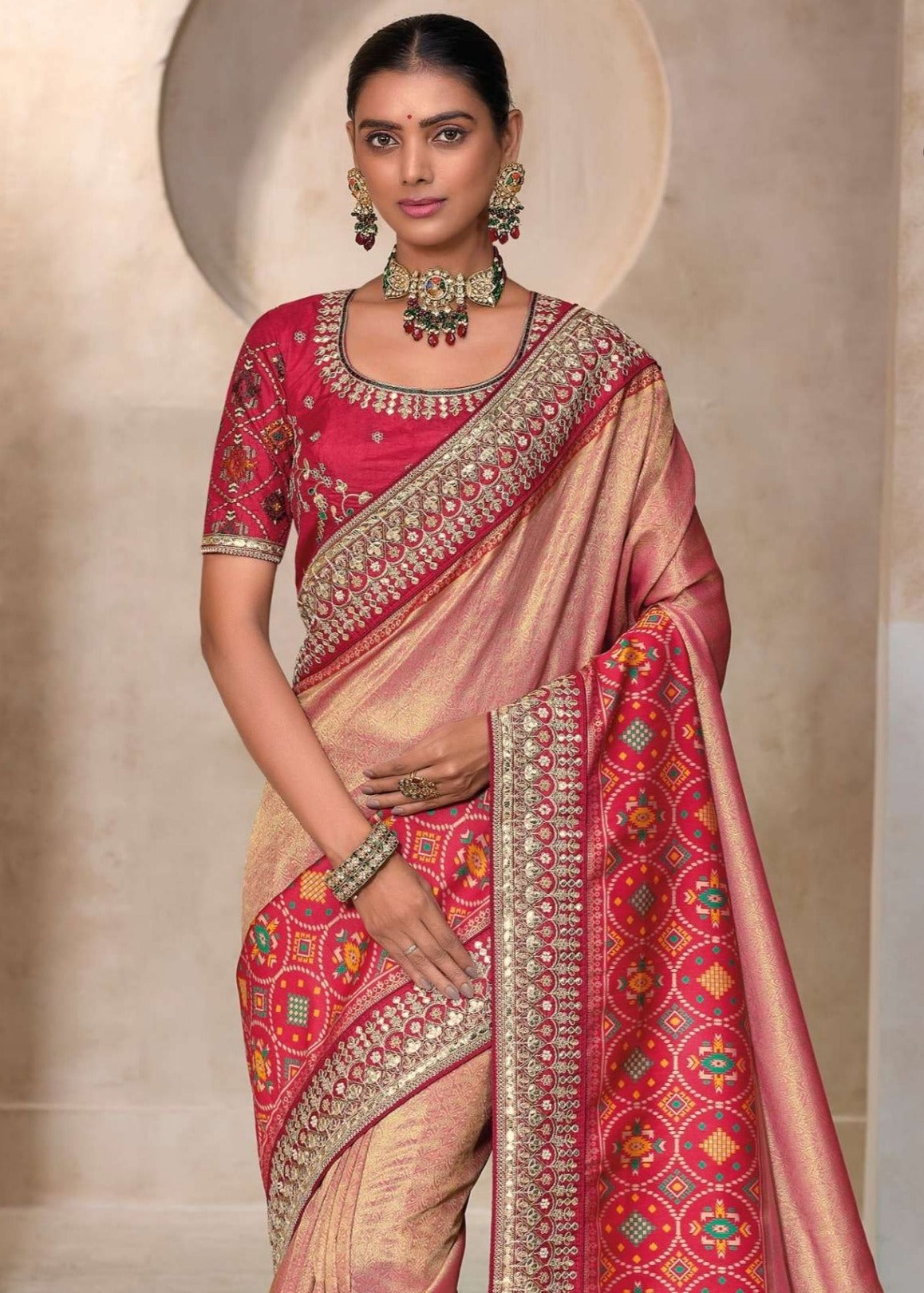 Peach patola handwork saree online with handwoven zari weaving for bride and bridesmaids.